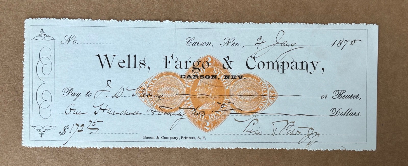 1875 Antique Wells Fargo Bank Carson City Nevada NV Check RN Revenue Stamp RN-D1
