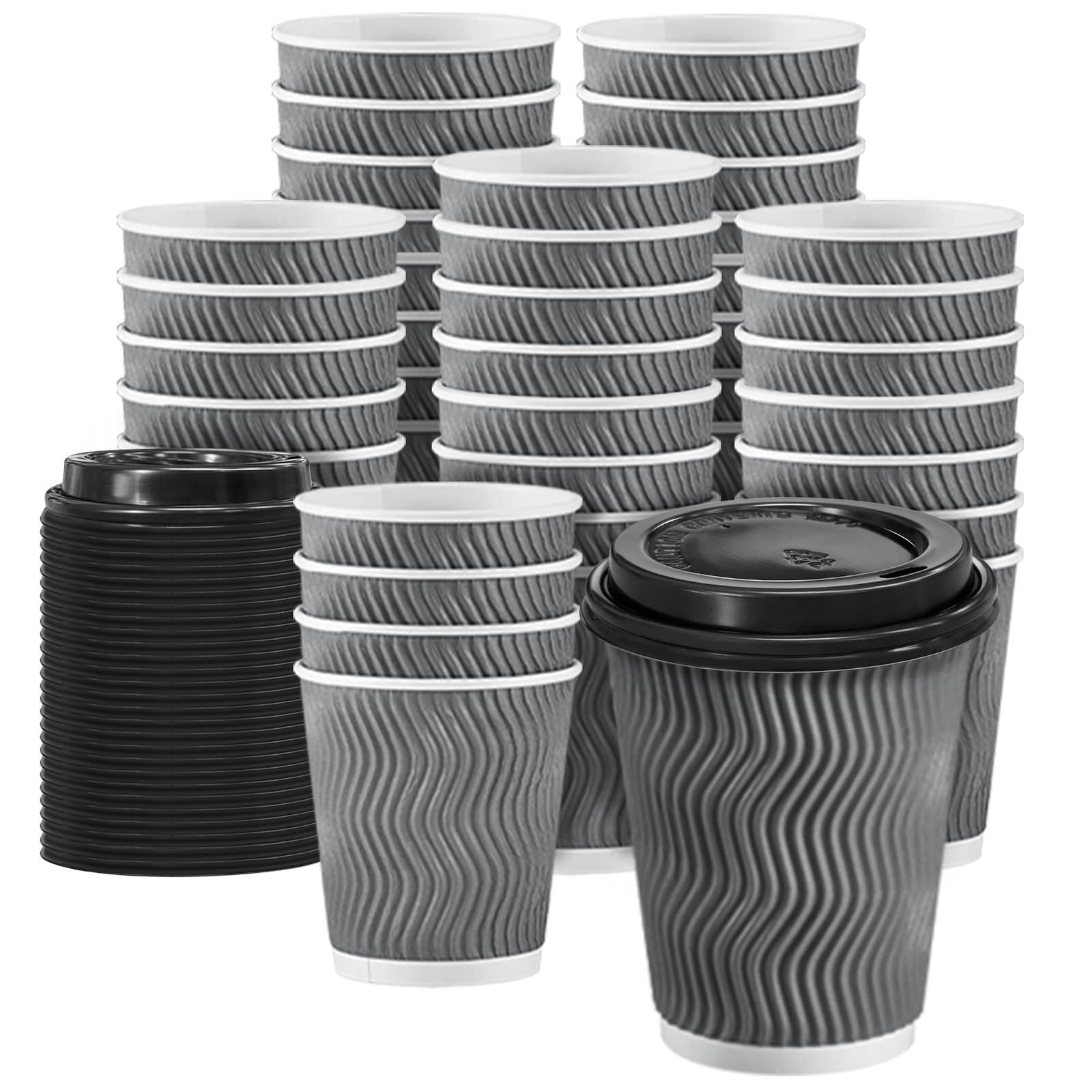 Clawsoff 100 Pack 10 oz Disposable Insulated Coffee Cups with Lids Gray