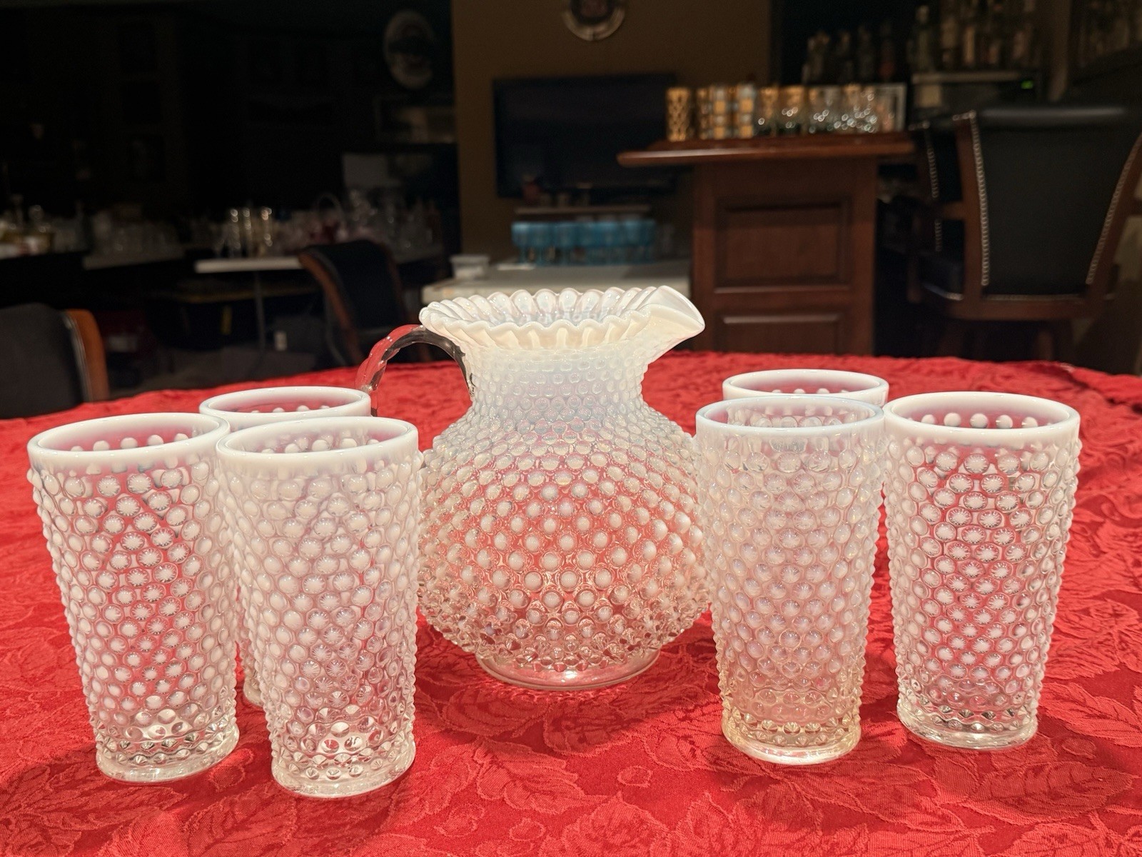 Vintage Fenton French Opalescent Hobnail Set Pitcher & 6-6.5” Glasses. Ex Cond