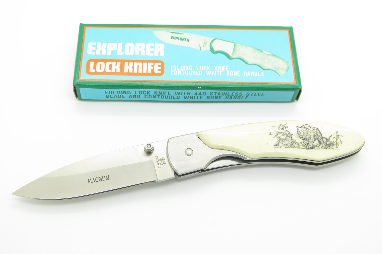 Vintage 1990s Explorer G. Sakai Seki Japan Jaguar Scrimshaw Folding Pocket Knife