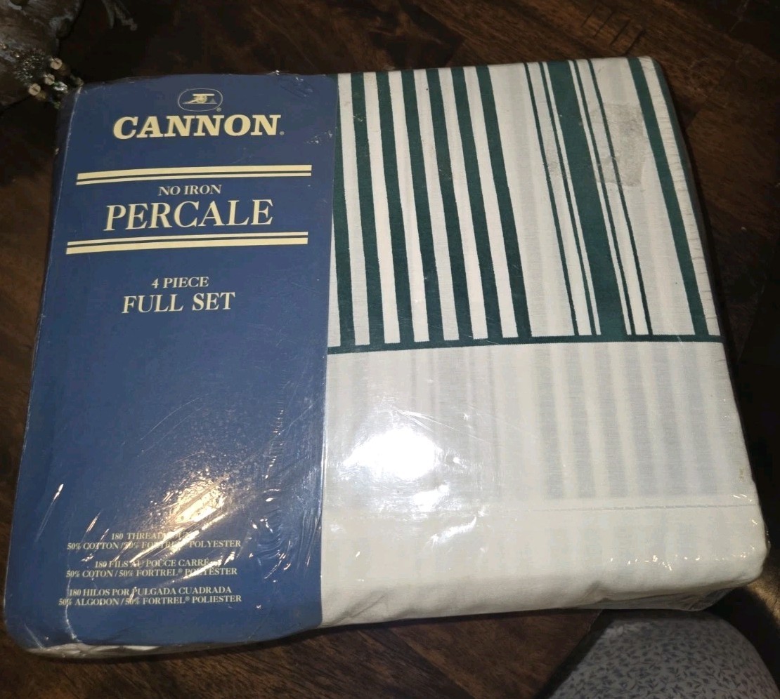 Vintage Cannon Monticello 4 Piece Full Sheet Set Green White Stripe Percale NEW