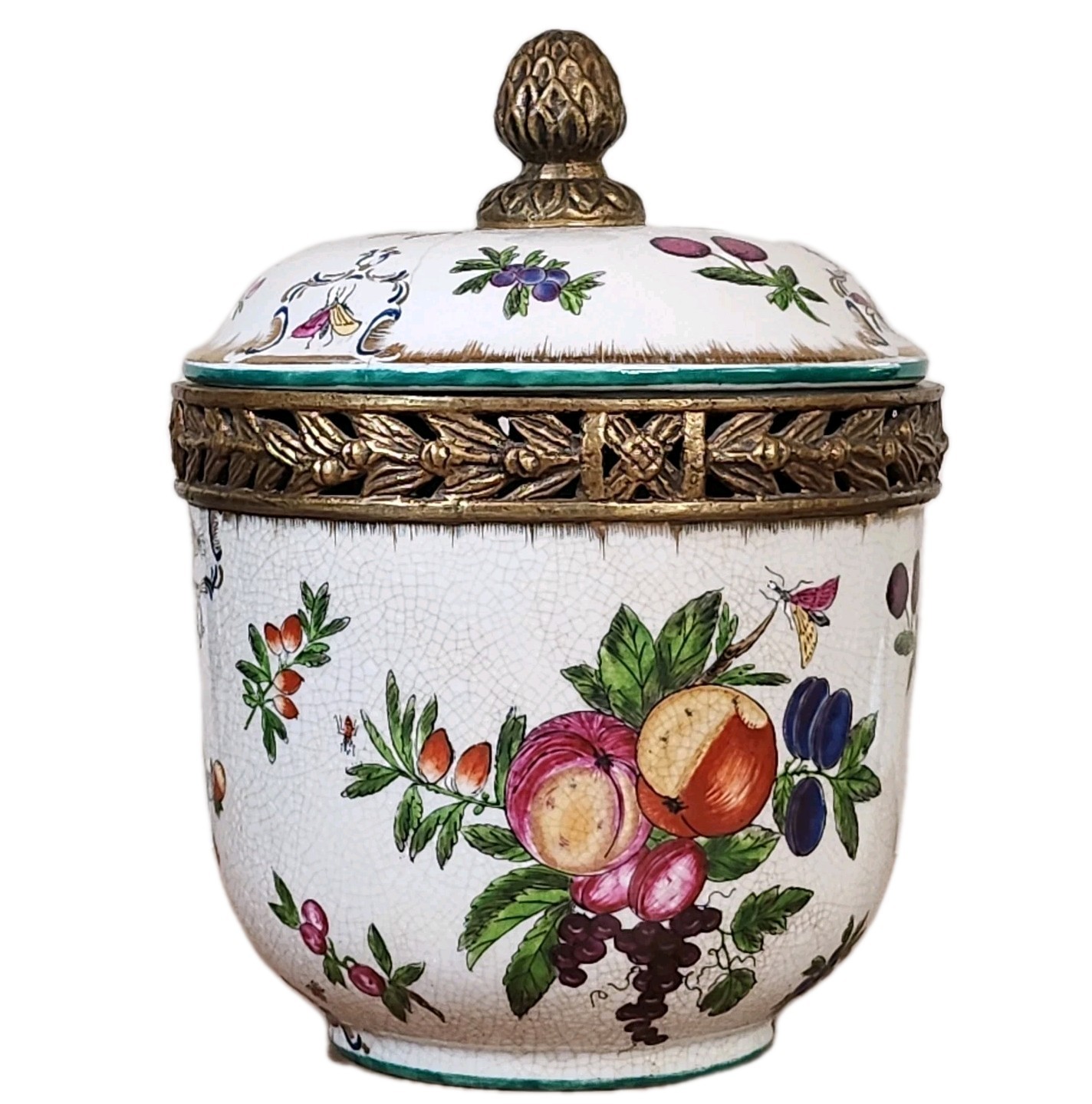 Antique United Wilson Brass Hand Painted  Porcelain Covered Floral Ginger Jar