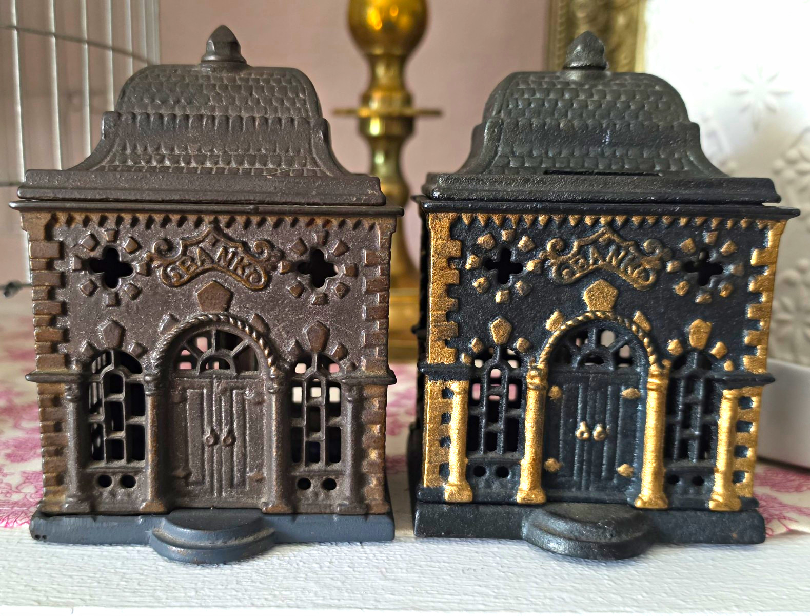 Pair (2) Cast Iron Building-Style Still Coin Banks
