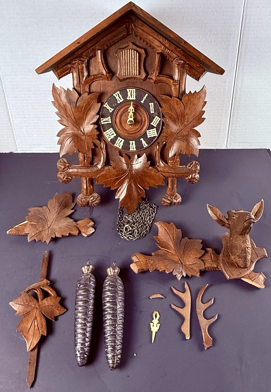 Vintage Germany Cuckoo Clock Faller Carved Stag Leaves 2 Weights Parts Repair