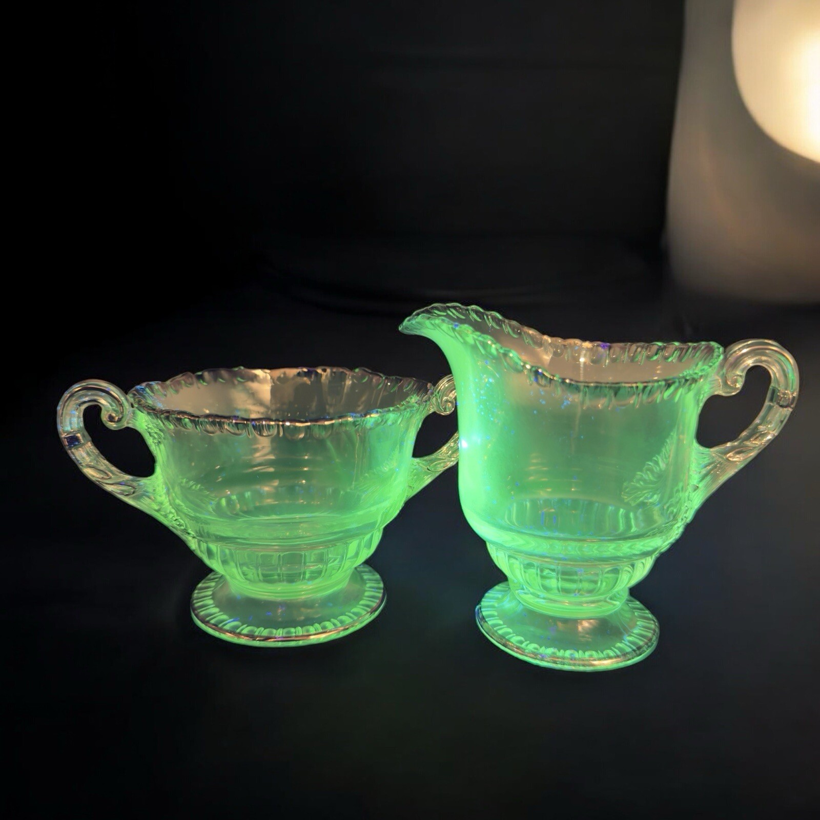Cambridge Glass GADROON Sugar Creamer Set Silver Green UV Glow Manganese 365nm