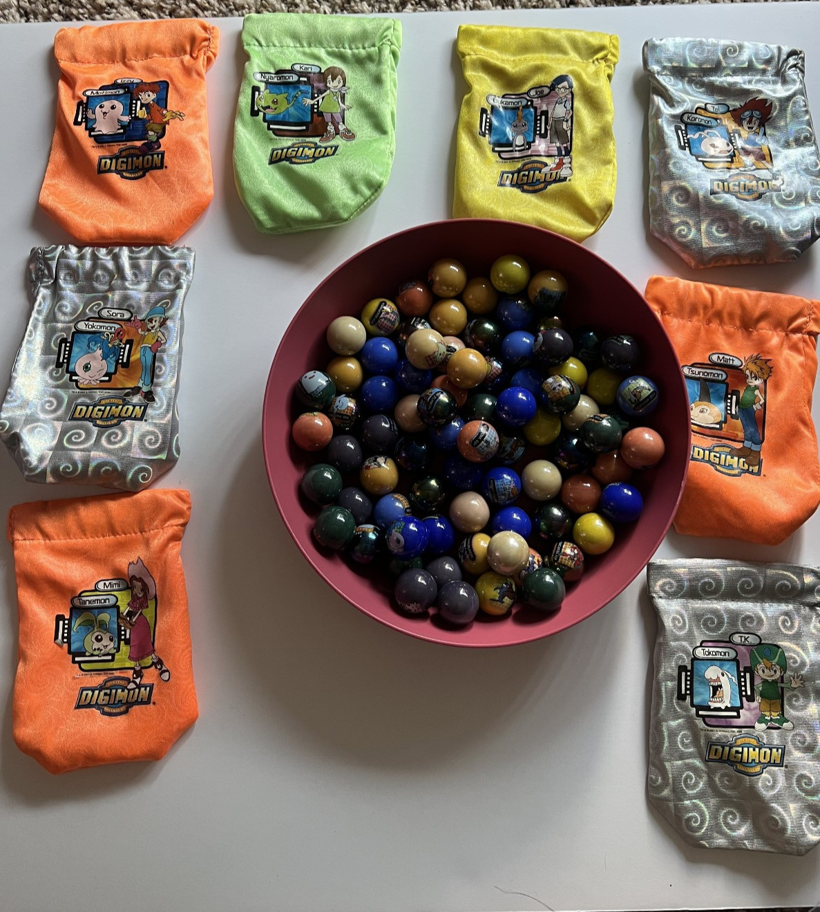 Digimon Marble Drawstring Bags Complete Set With 78 Digimon Marbles