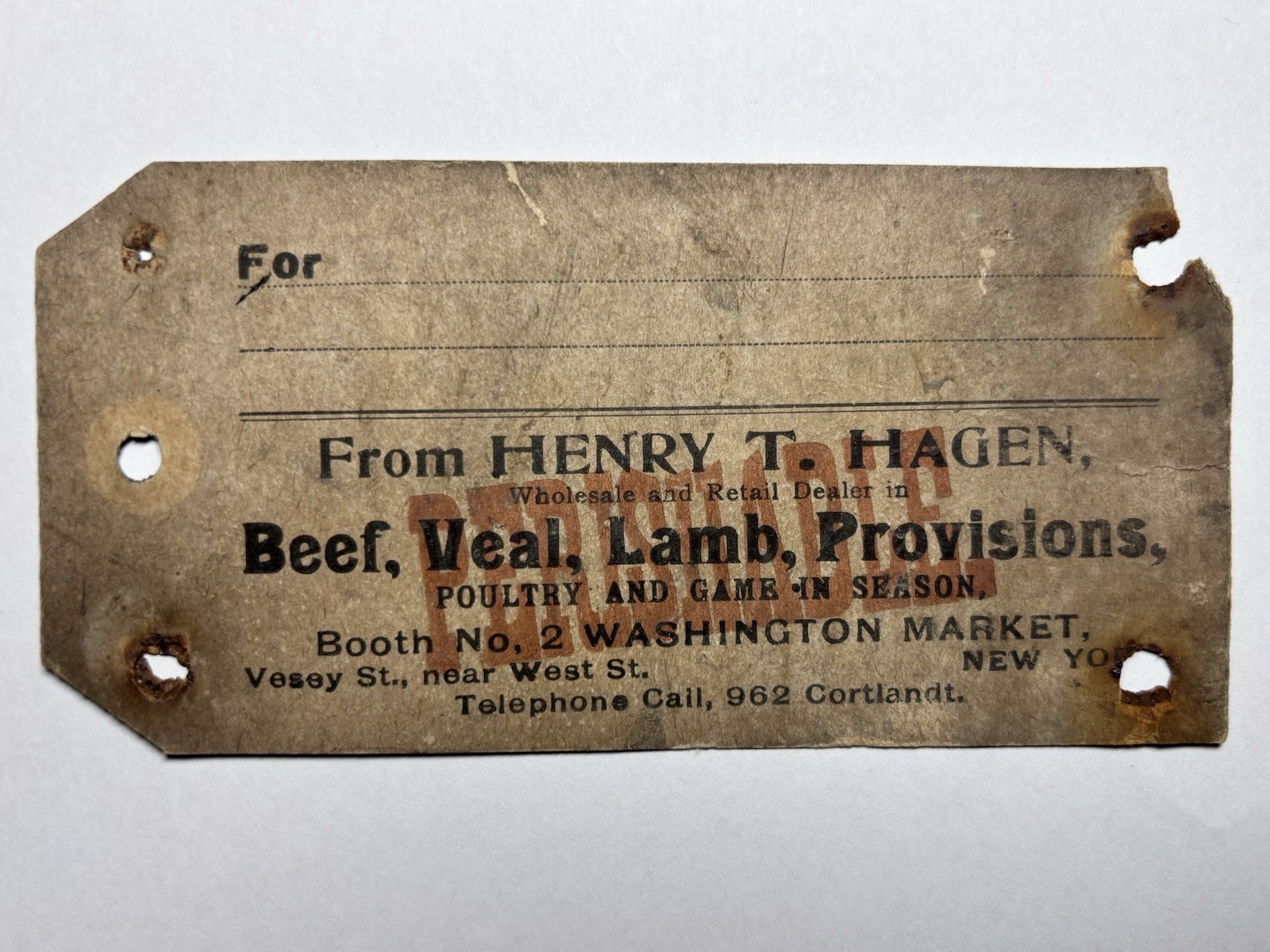 Antique 1890s Henry T Hagen Washington Market NYC Butcher Advertising Tag
