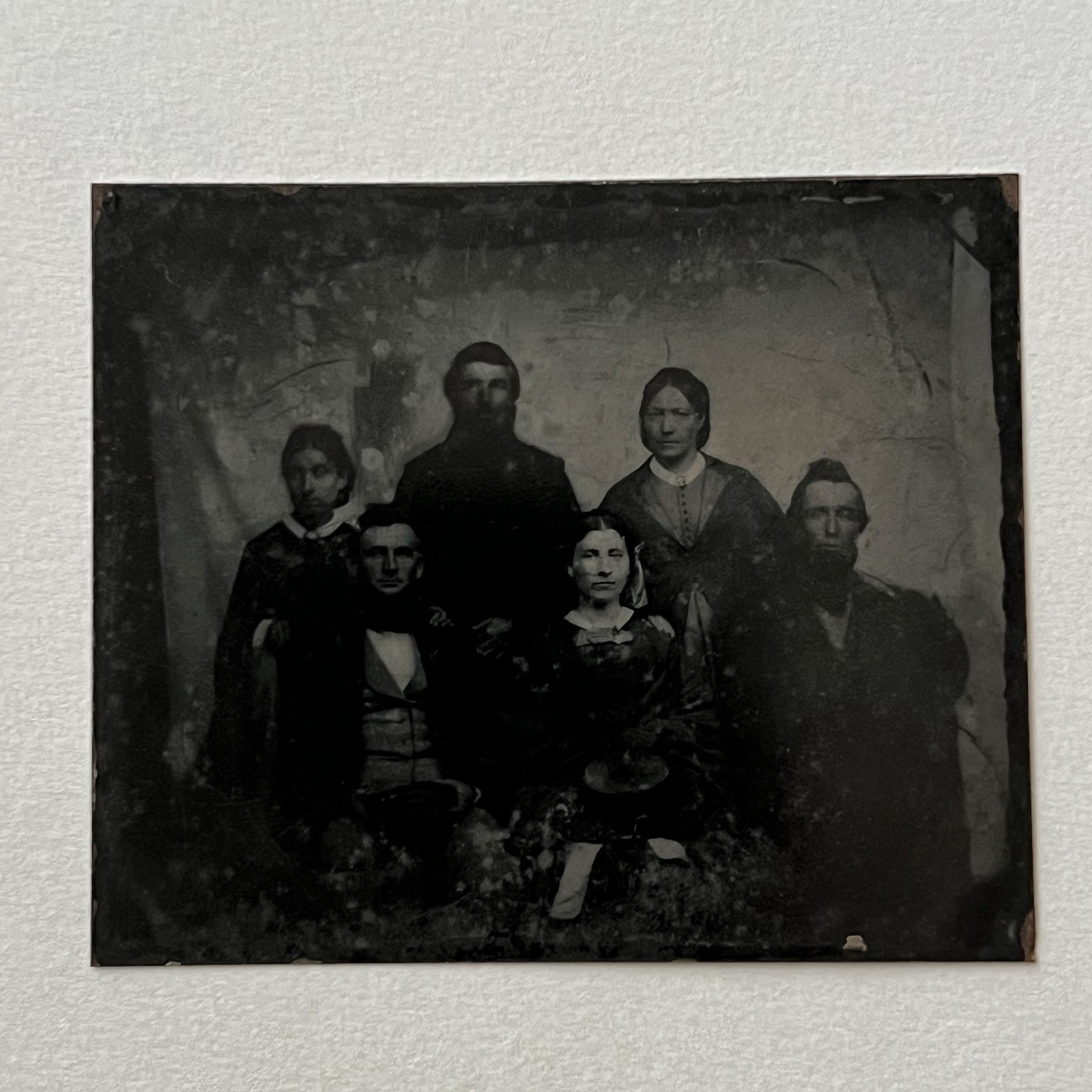 Antique Early Tintype Group Photograph Family Men Women Ghostly Odd