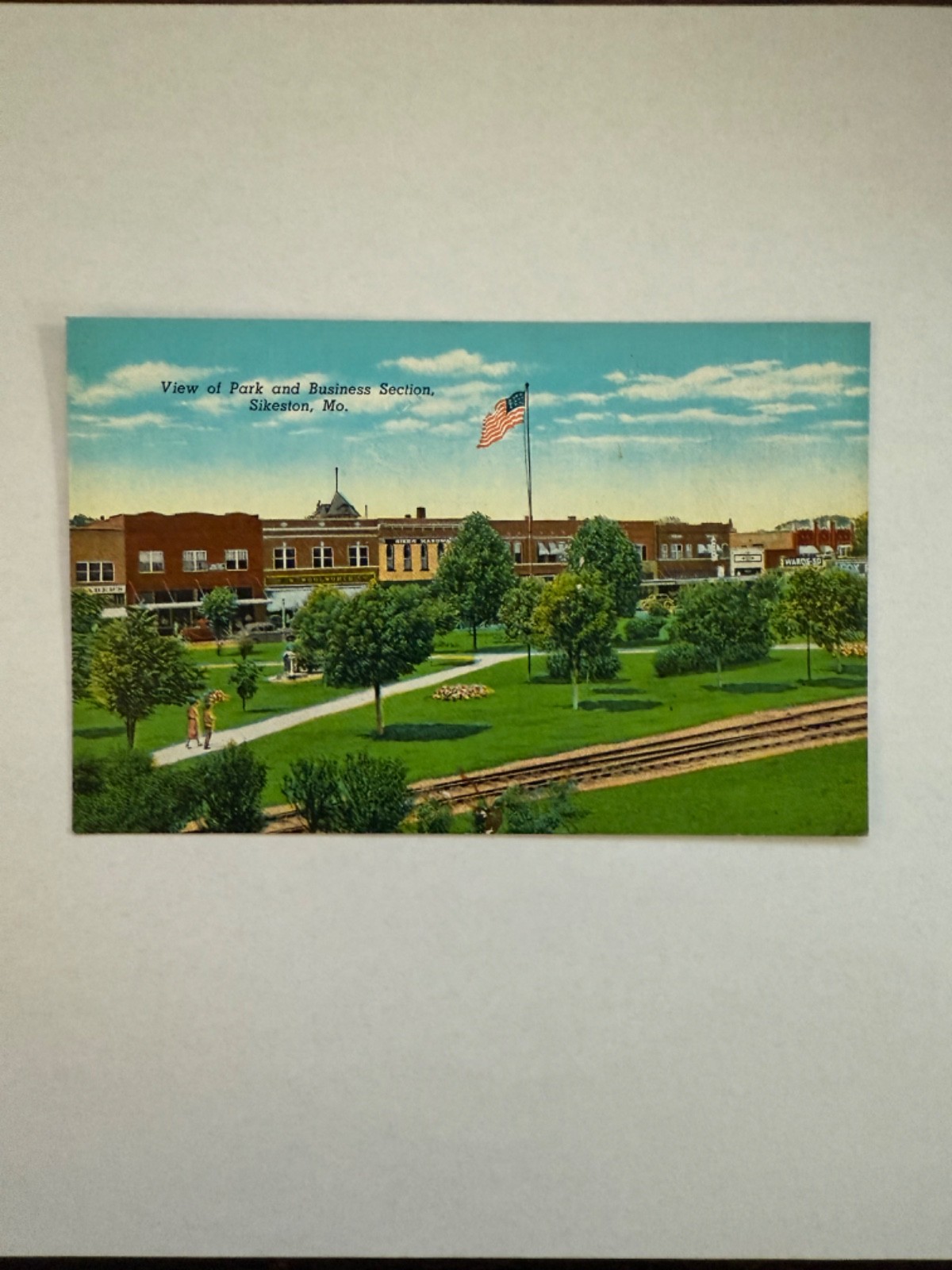 Sikeston Missouri View of Park and Business Section Vintage LP Postcard