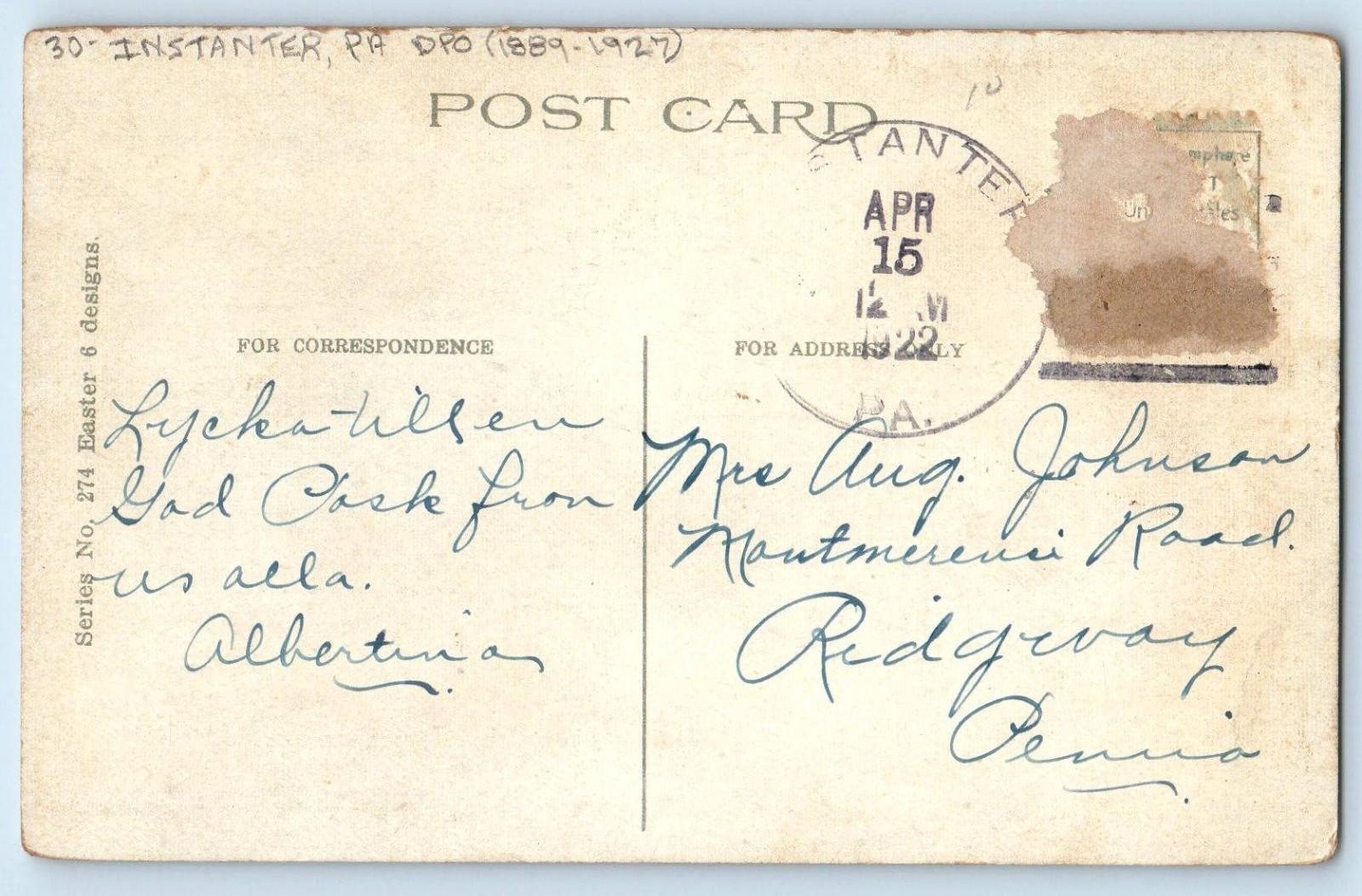 1922 Easter Pink Flowers Green Hill Signed Instanter PA DPO (1889-1927) Postcard