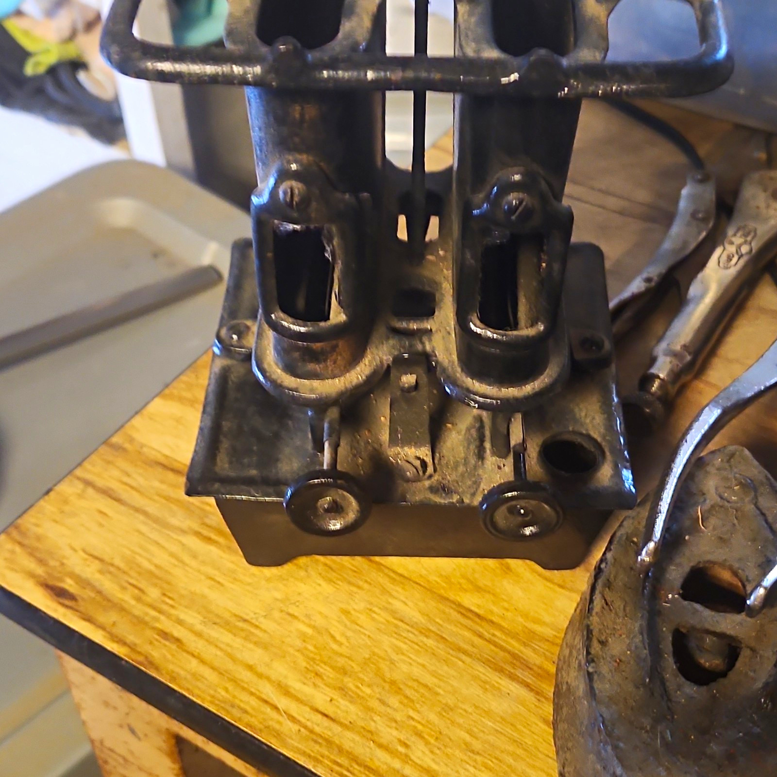 Small Antique Black Cast Iron Dual Burner Camp Cooking Kerosene Stove. 