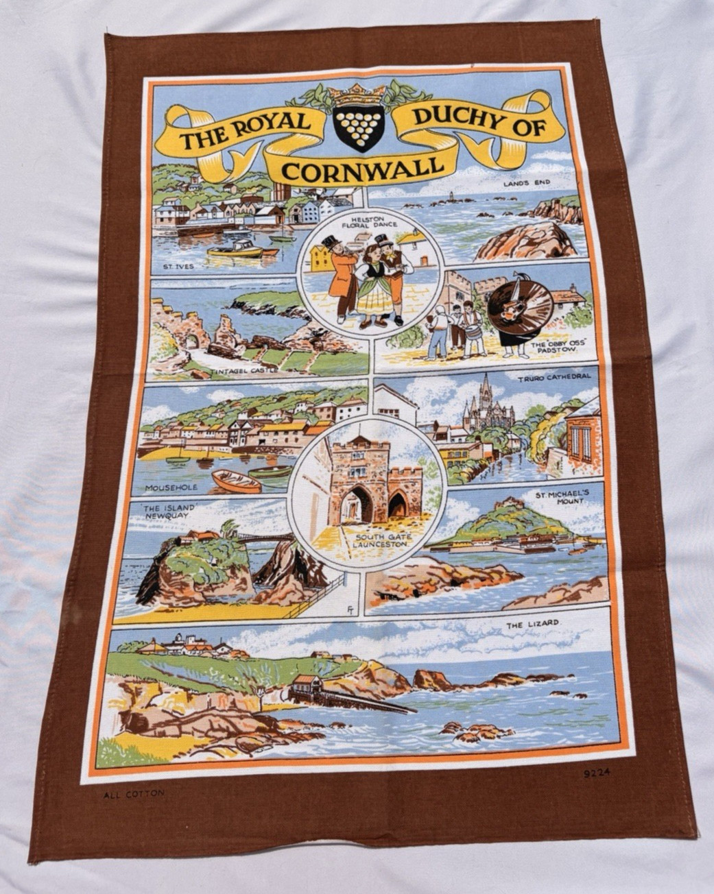 Vintage Royal Duchy of Cornwall Tea Towel St Ives Lands End Truro England