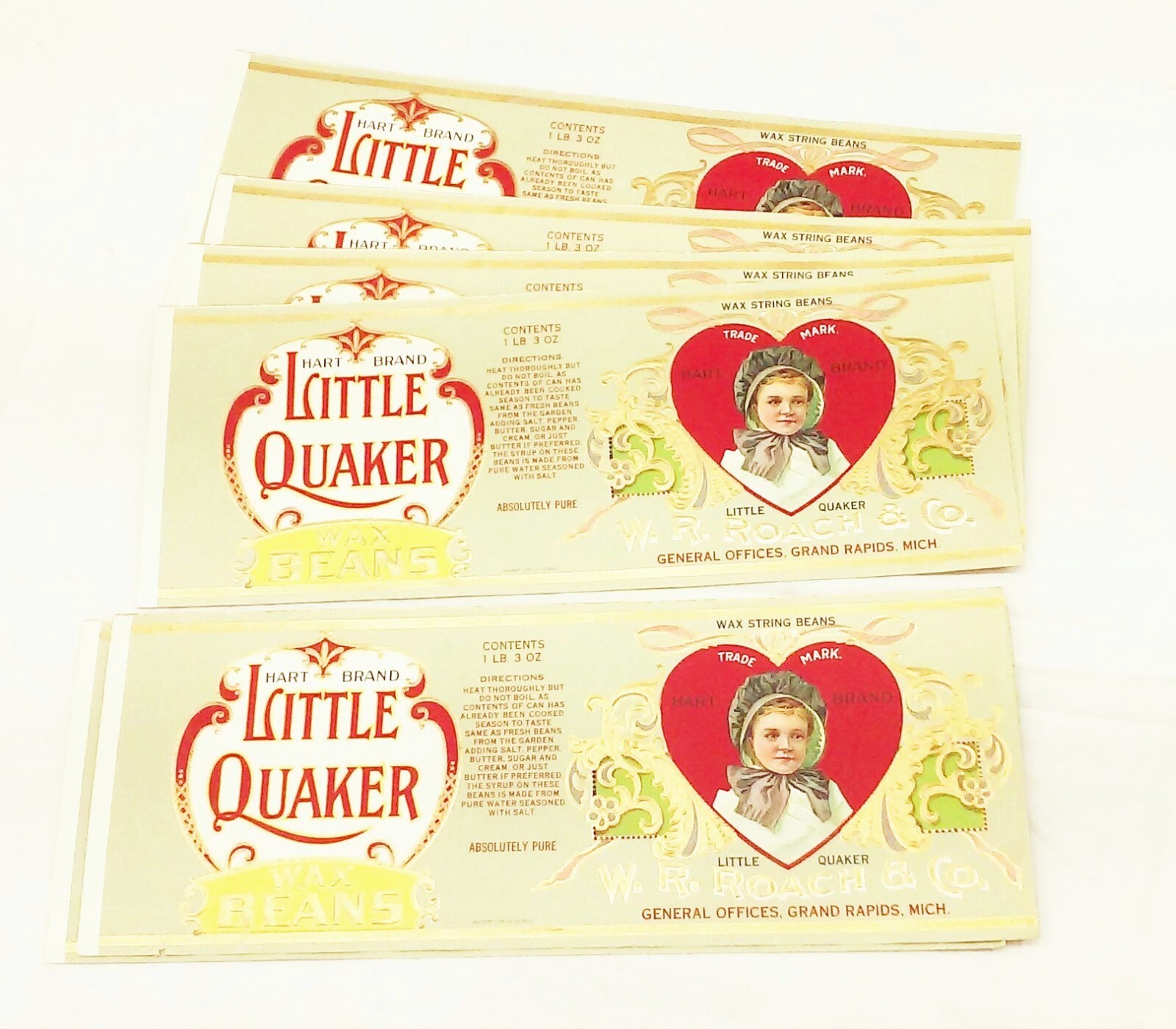 Vtg antique Hart brand little quaker wax beans food can label lot W.R Roach & co