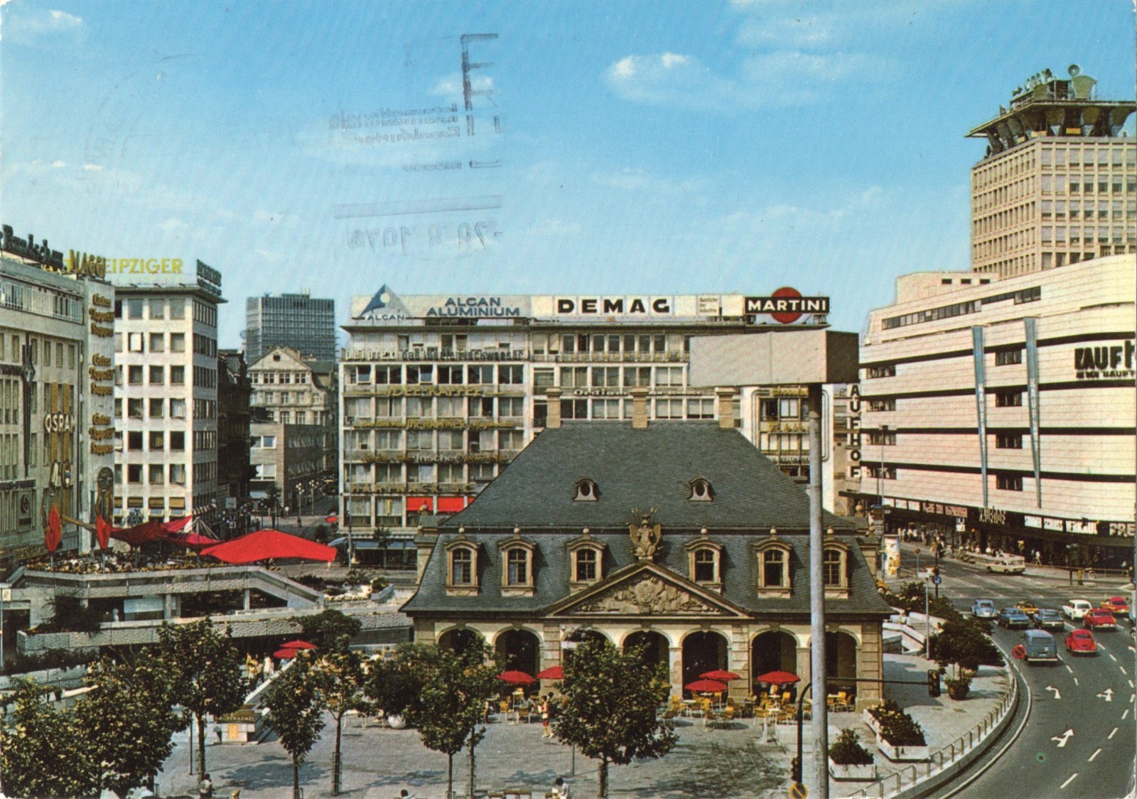 Postcard, Frankfurt, Main, Hauptwache, Cafe Kranzler, busy, 1974