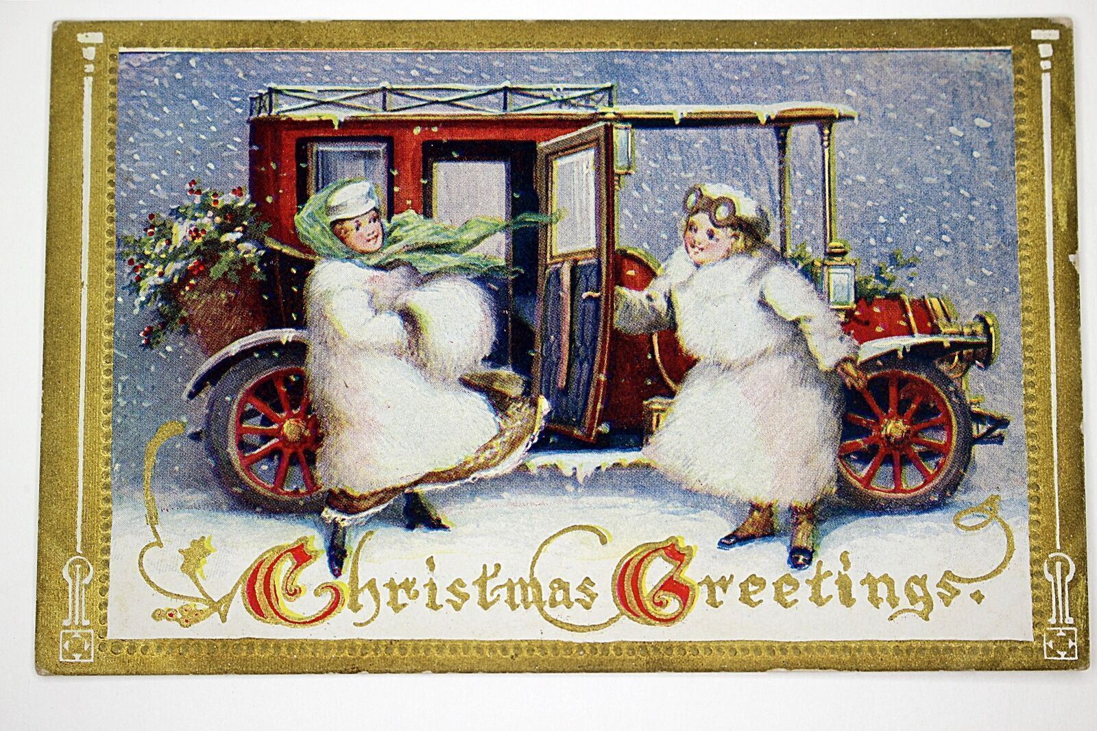 c.1910 Children and Automobile Christmas Postcard Color Lithograph #89