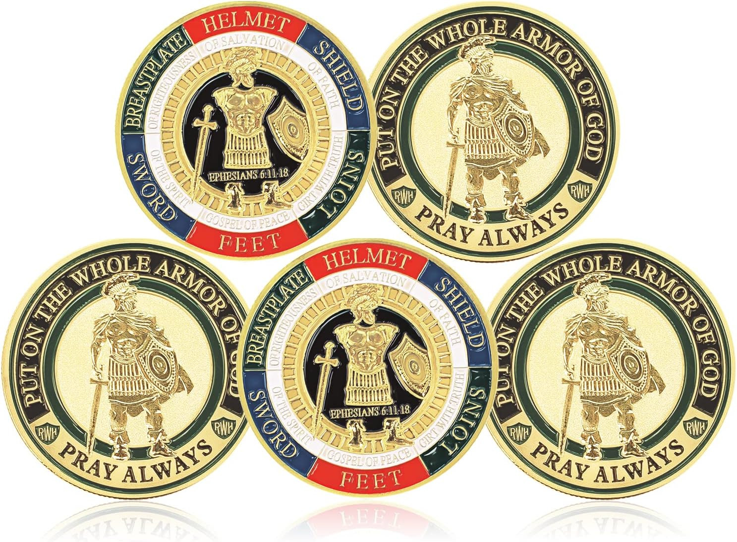 5 Pieces Armor of God Gold Plated Challenge Coins Prayer Commemorative Collector