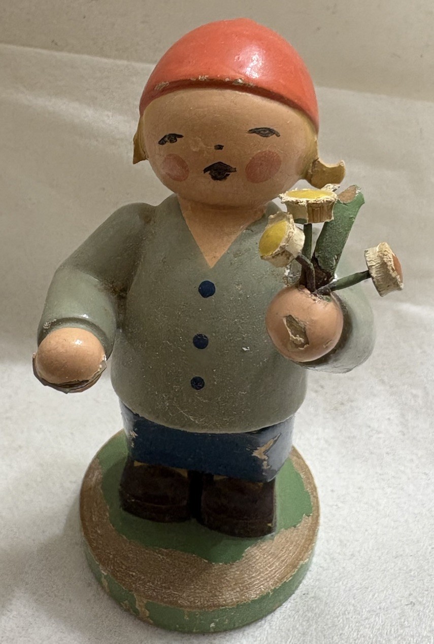 Vintage ERZGEBIRGE GERMANY Girl W/ FLOWERS & LETTER Wooden FIGURE