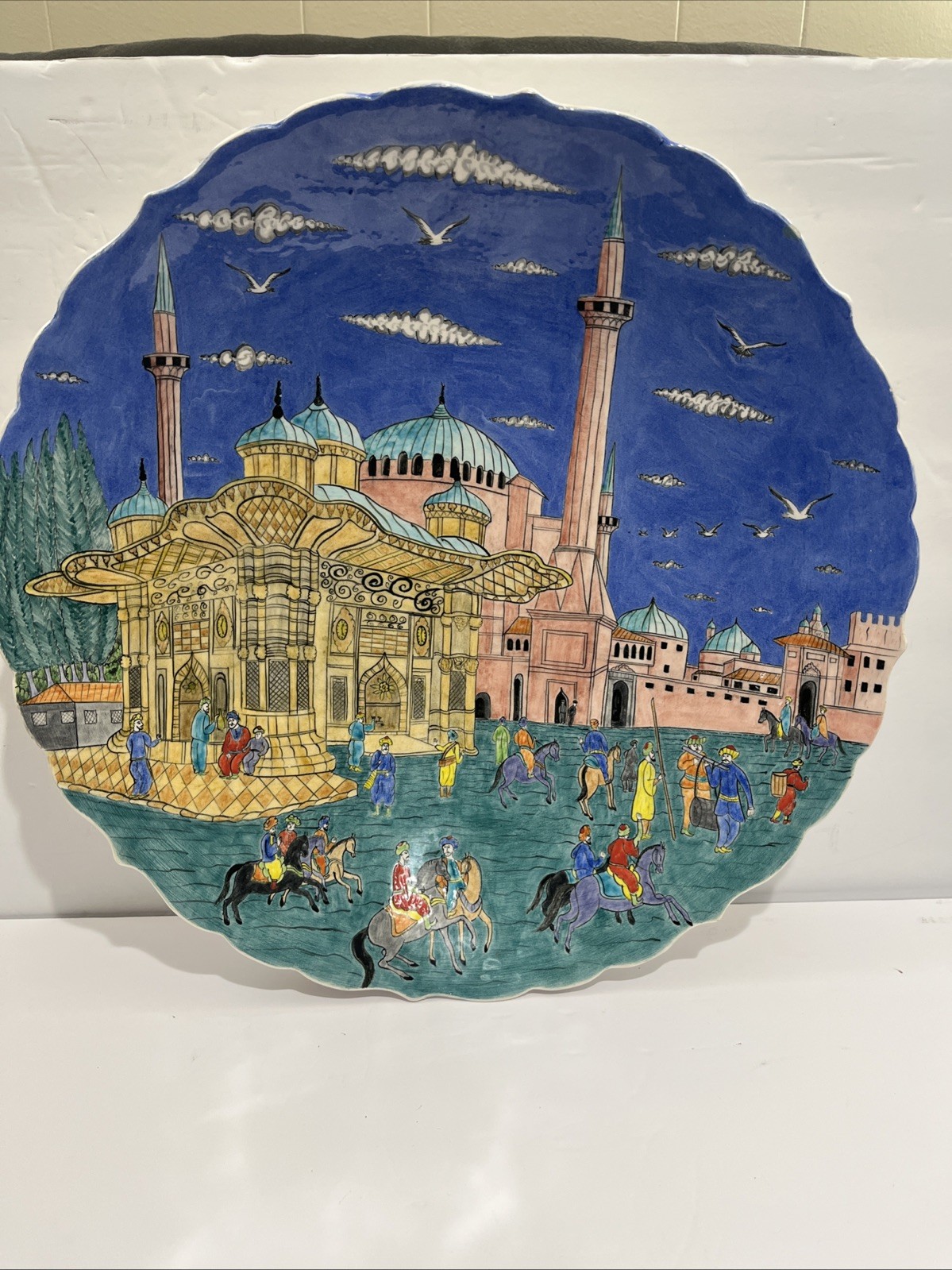 VTG Turkish Istanbul Scene Decorative Ceramic Plate Hand Made Scallop Edged 17”