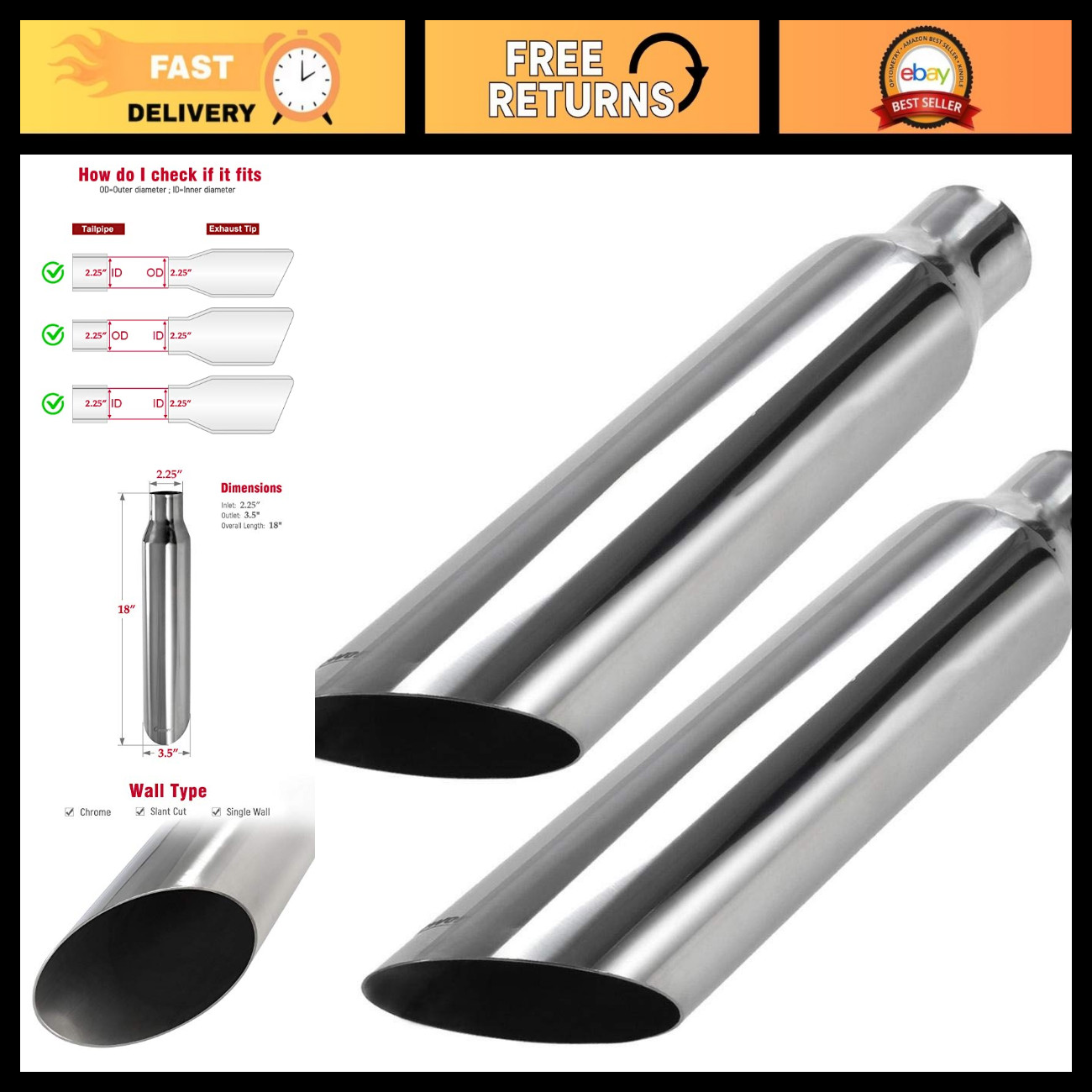 Upower 2 PCS Universal Stainless Steel Exhaust Tip 2.25\