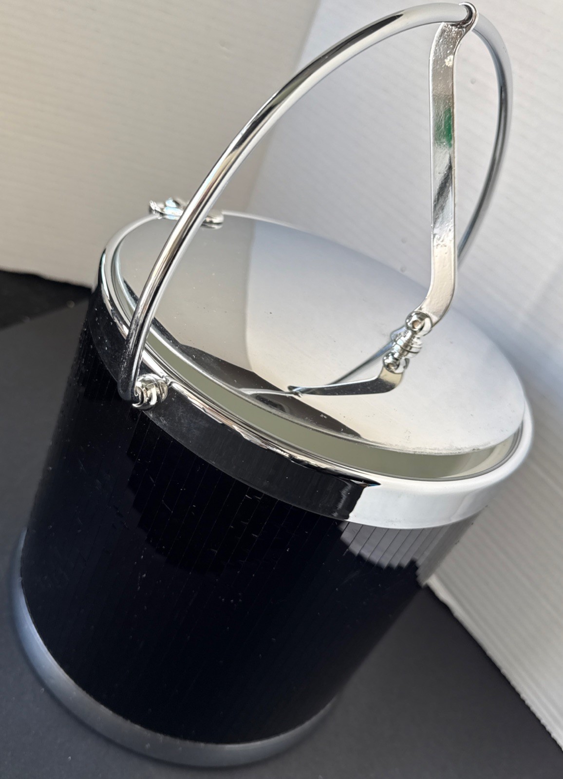VTG Kraftware Black Ice Bucket Chrome Hinge Handle Lid MCM GLAM Regency
