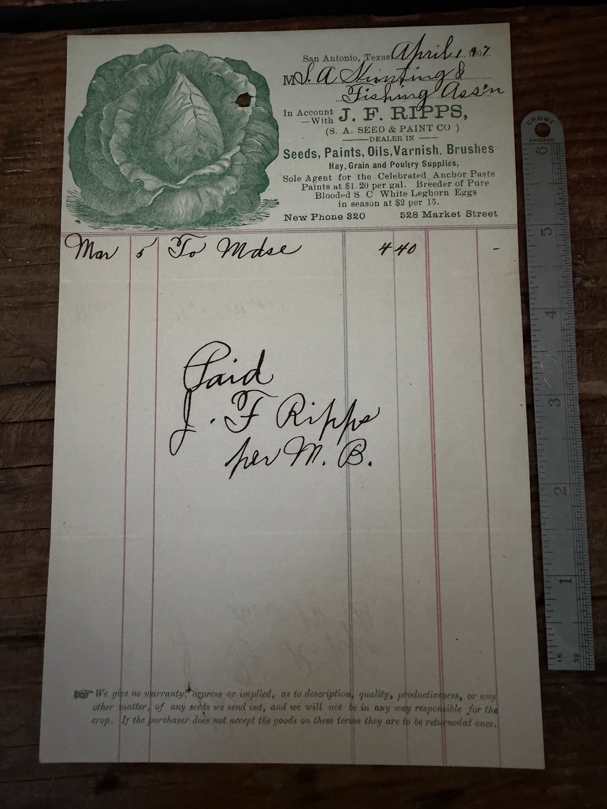 1907 J F Ripps San Antonio Texas Seed Co Cabbage Advertising Billhead Antique