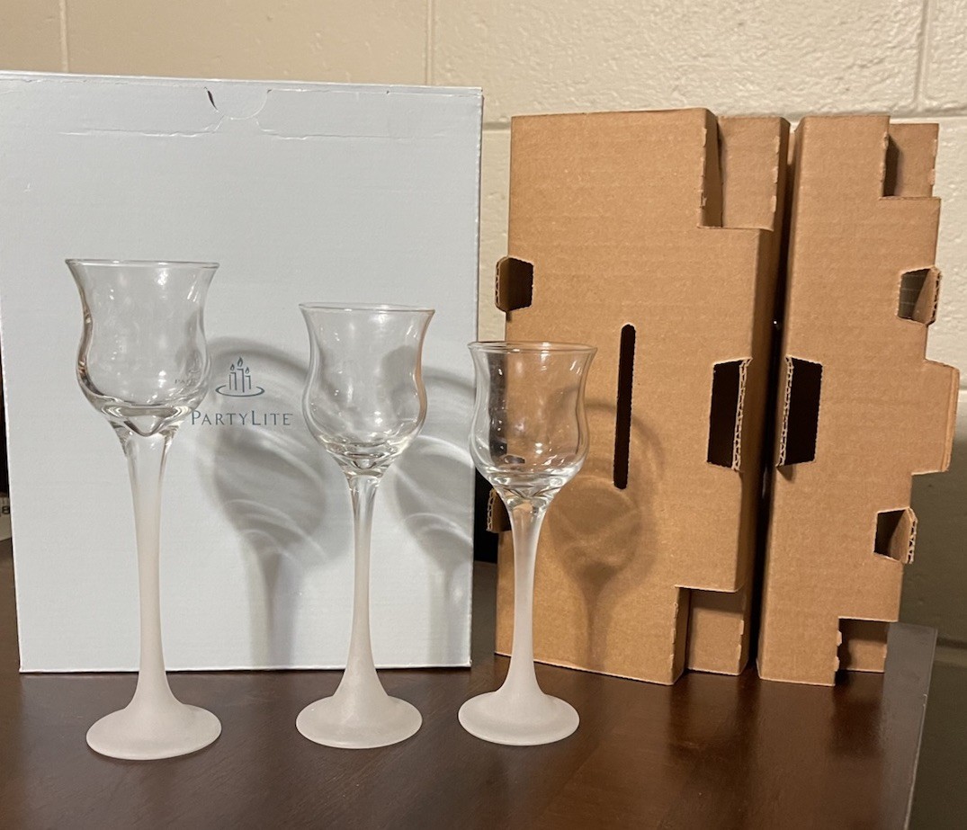 Partylite Iced Crystal Trio Set Frosted Stem Glass Votive Tealight Holder P9248