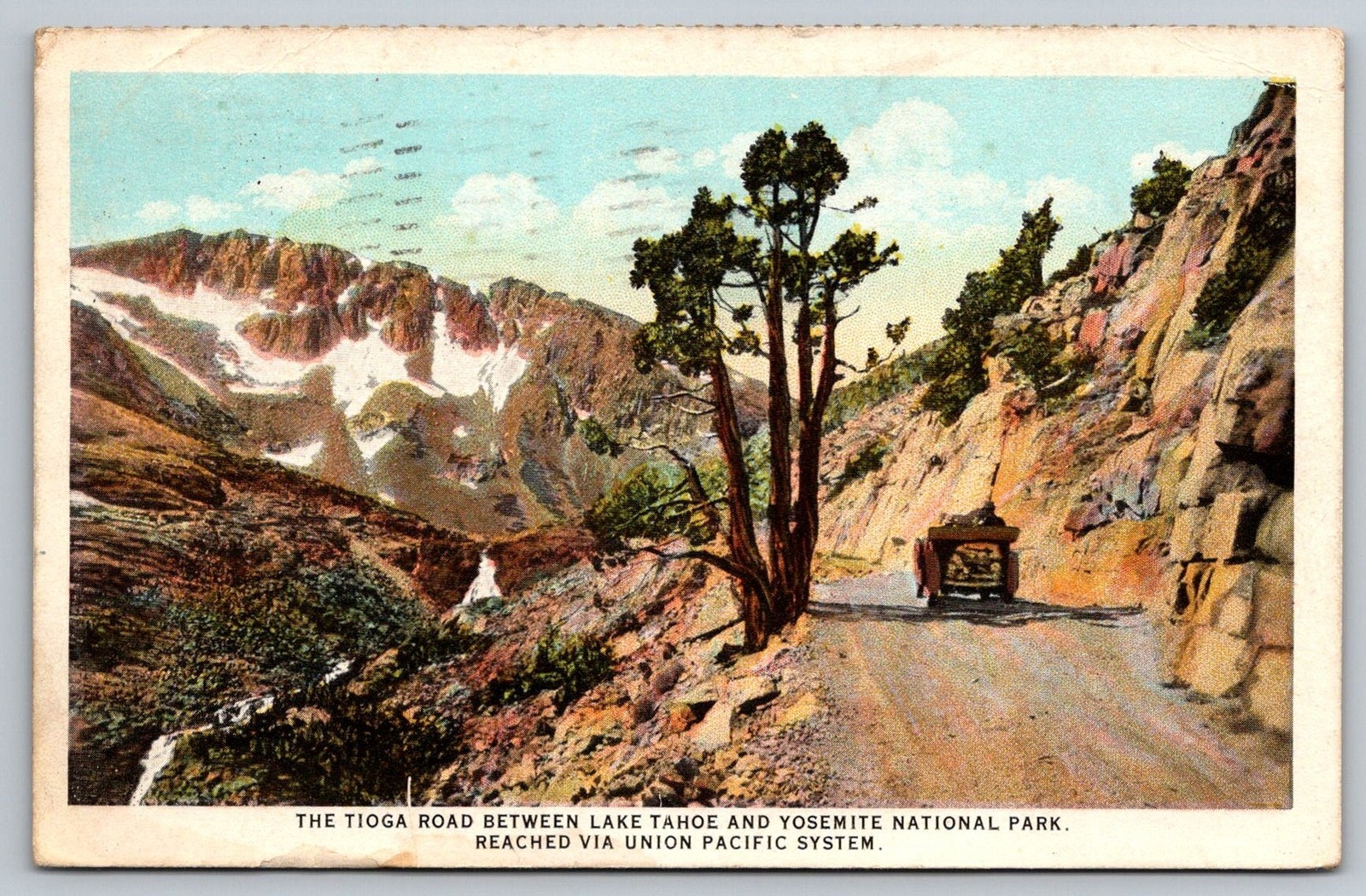 Tioga Road CA Postcard Lake Tahoe Sierra Nevada mountain scenery automobile 1925
