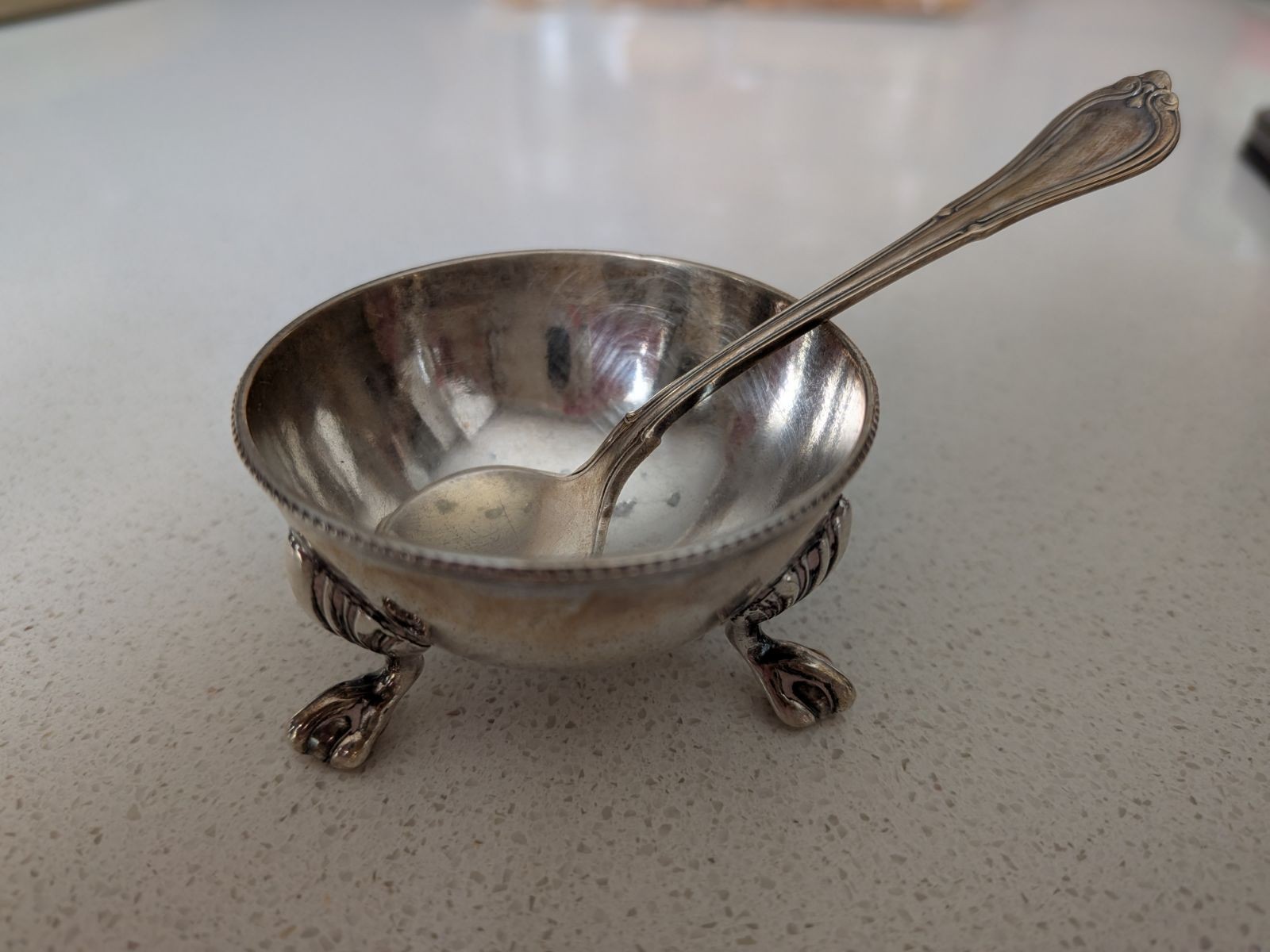 Antique Victorian English Sterling Silver Footed Salt Cellar with Sterling Salt 