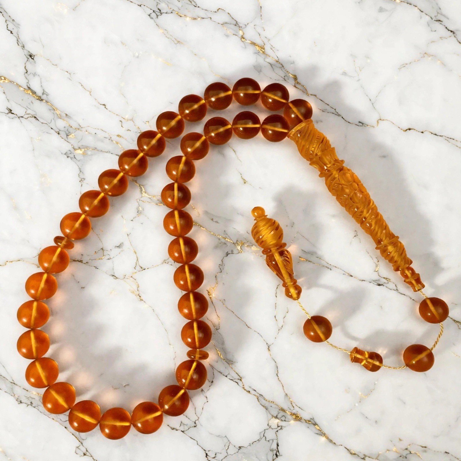Antique German Faturan Misbaha Tasbih 96g 13mm 33 Beads Hand Carved Minaret