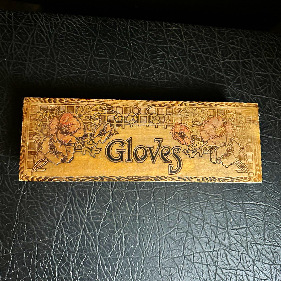 Antique 1900s Wooden Glove Box w/ Pyrography Burned Poppy  Flower Motif