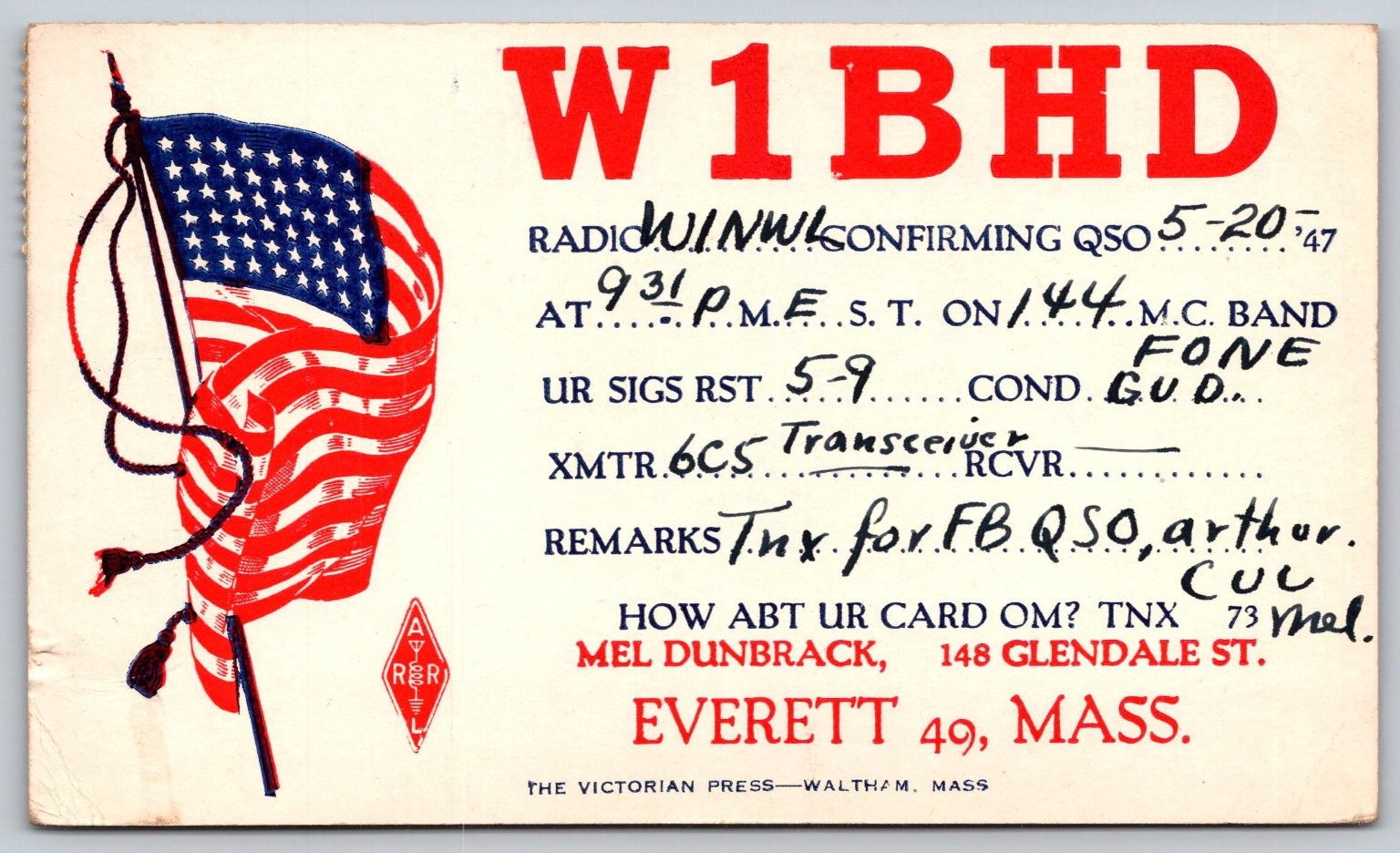1947 QSL Ham Radio Postcard W1BHD Everett MA W1NWL Boston Flag C258
