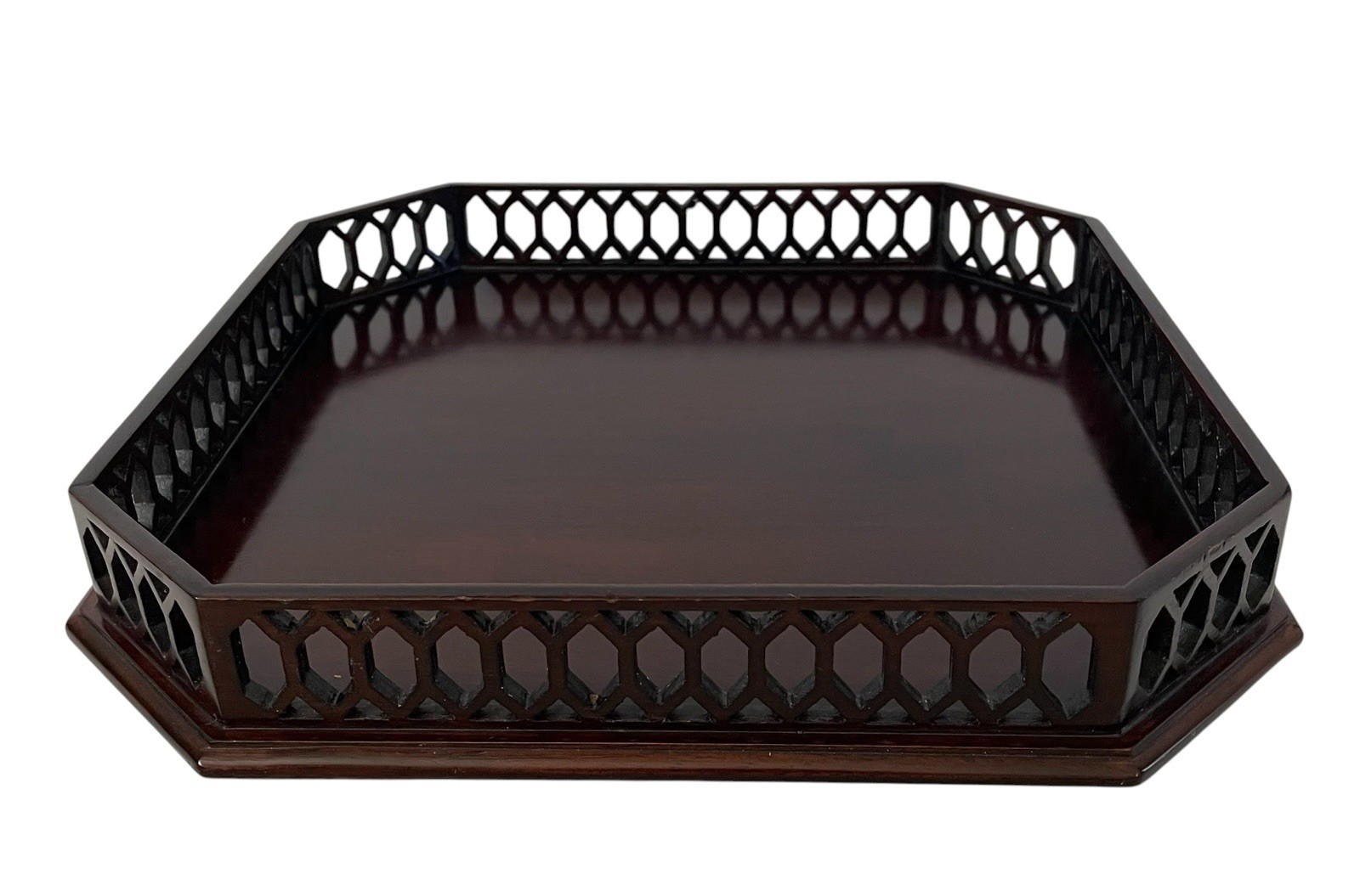 Vintage Chippendale-Style Fretwork Octagonal Mahogany Tray 11.5”