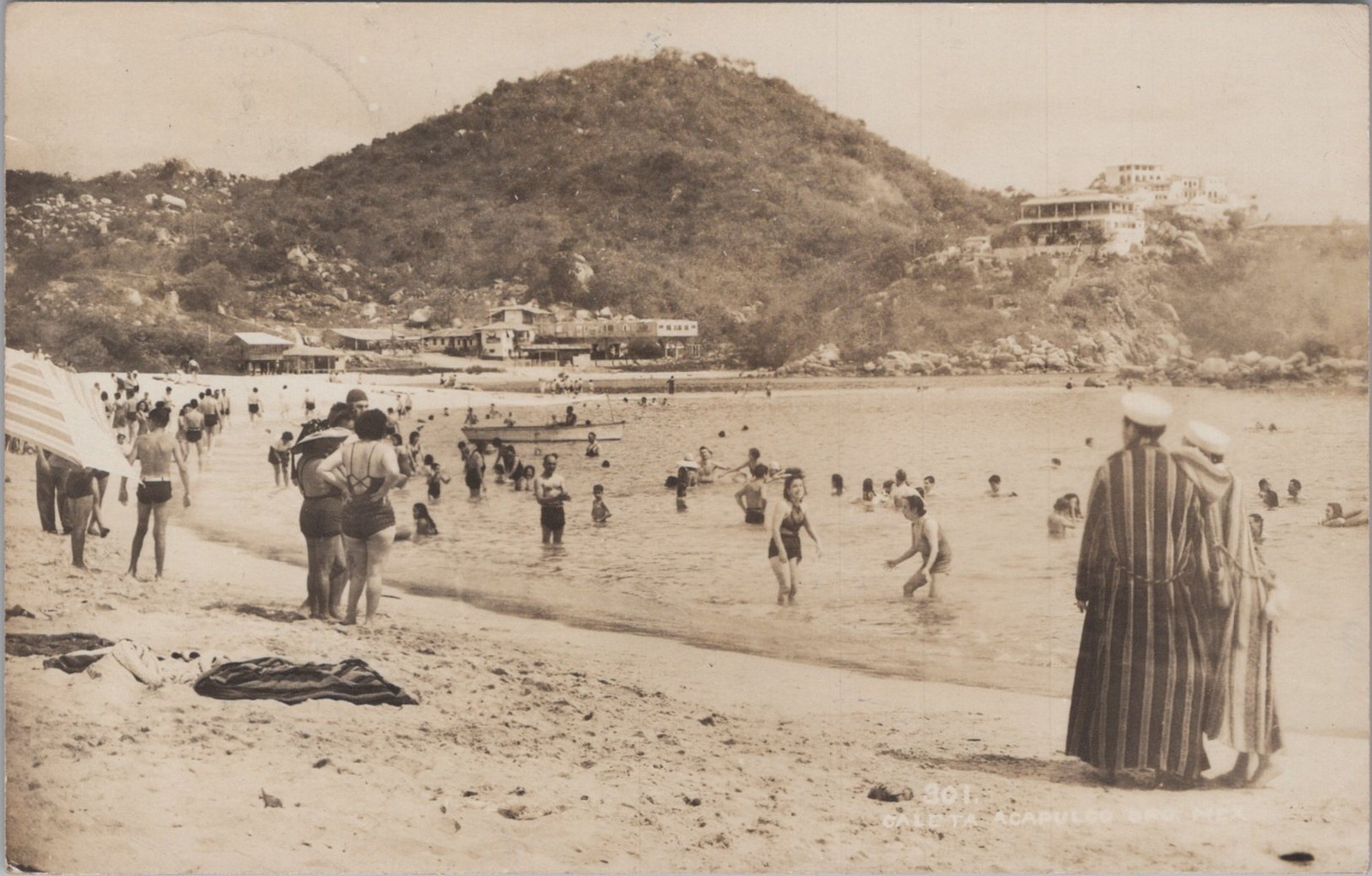 Caleta Beach Acapulco Mexico Bathers RPPC Camp Julia Crowell 1940s Postcard