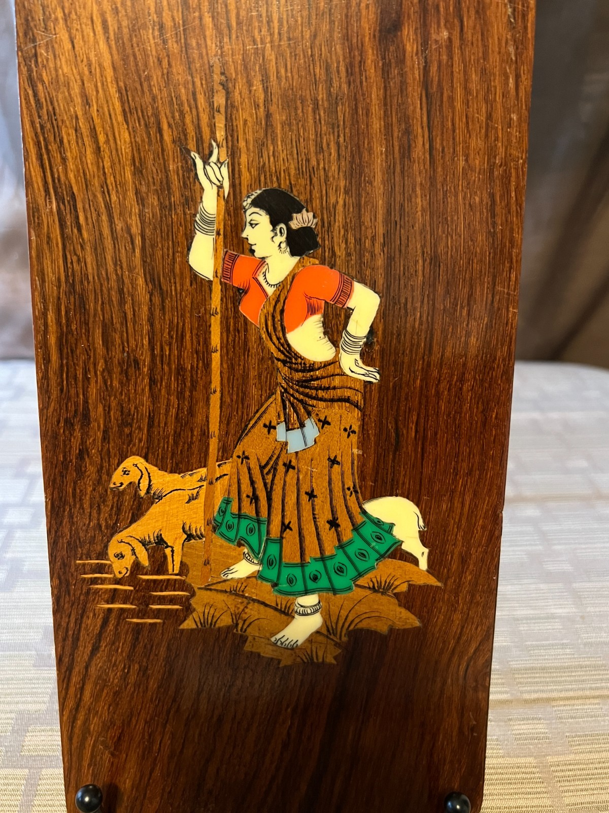 Vintage Indian Rosewood Inlay Plaque Woman in Sari Dogs Handcrafted Marquetry 