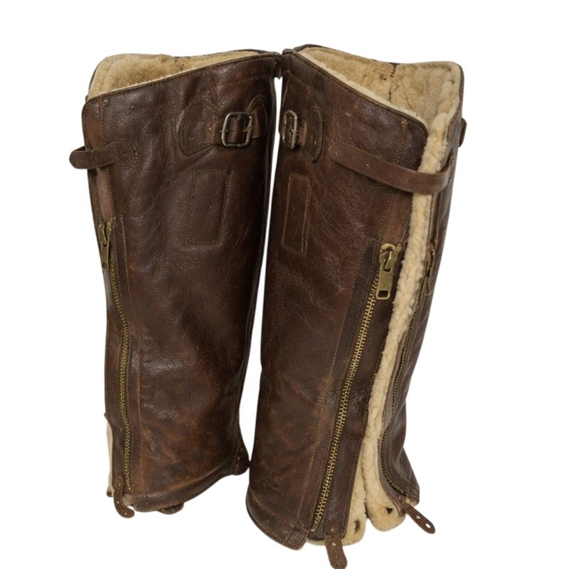 Rare 1930s–40s Shearling-Lined Leather Aviation or Motoring Gaiters Size 10