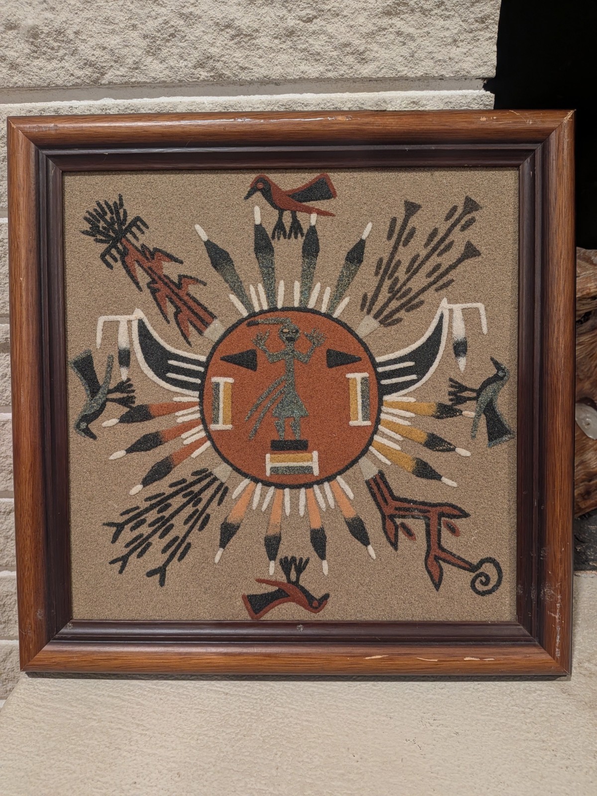 Vintage Signed R. Castillo Chiricahua Sun Navajo Sand Art Framed Native America