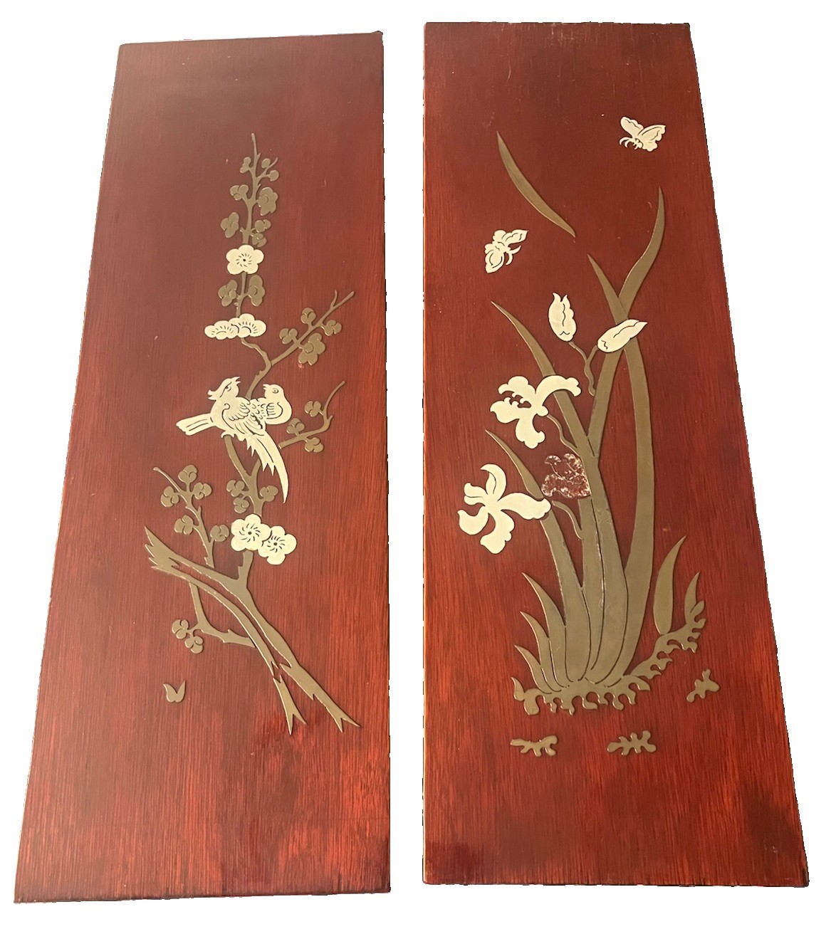 Vintage Mid Century Korean Hardwood Wall Panels - Silver & Brass Inlay Pair