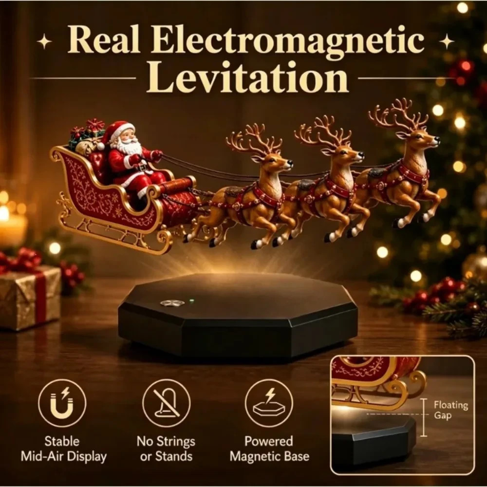 Christmas Floating Santa Sleigh with Reindeer Magnetic Levitation Rotating Decor