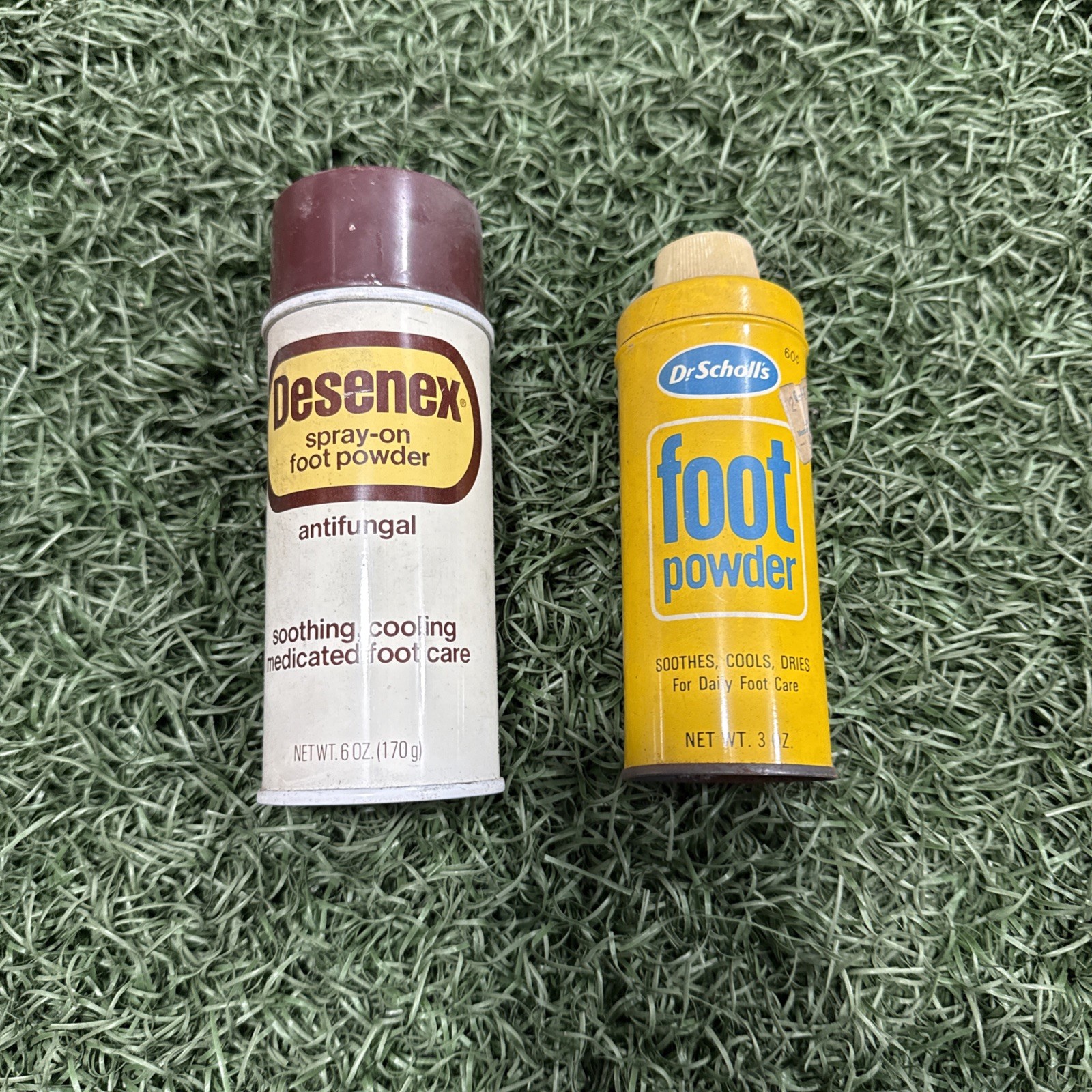 RARE vintage 1970s DESENEX foot powder spray CAN & Dr. Scholls Foot Powder