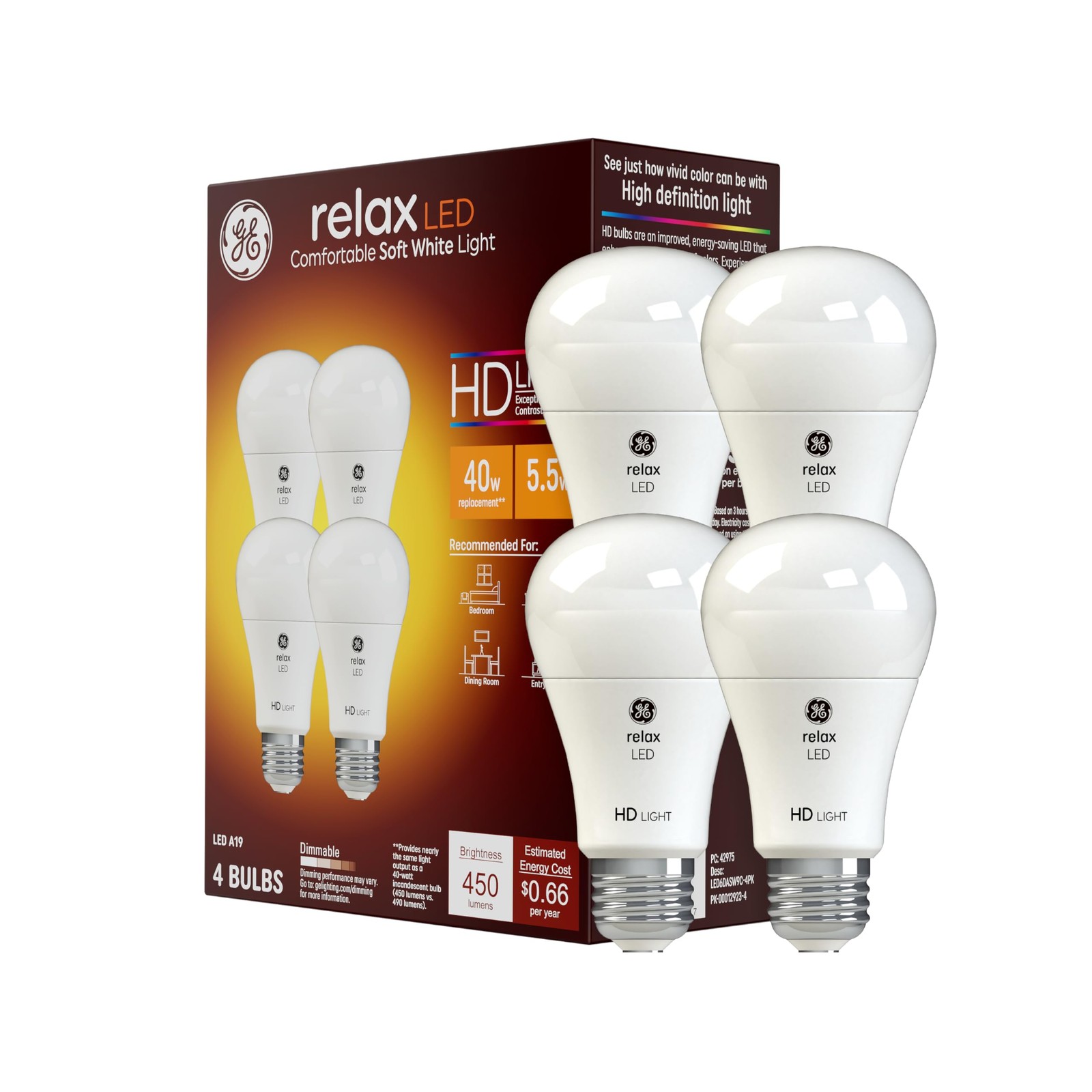 GE Relax LED Light Bulbs, 40 Watt, Soft White, A19 (4 Pack) 4 Pack, White GE Relax LED Light Bulbs, 40 Watt, Soft White, A19 (4 Pack) 4 Pack, White