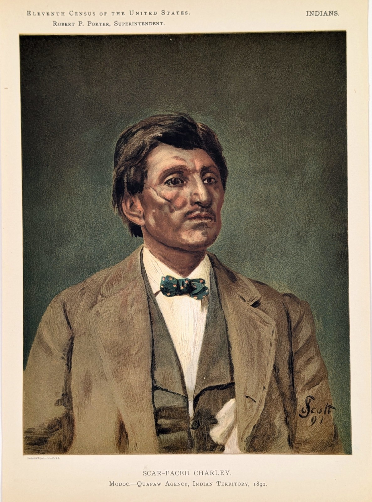 1891 MODOC QUAPAW Indian Chief SCARFACED CHARLEY Original Chromolithograph Print