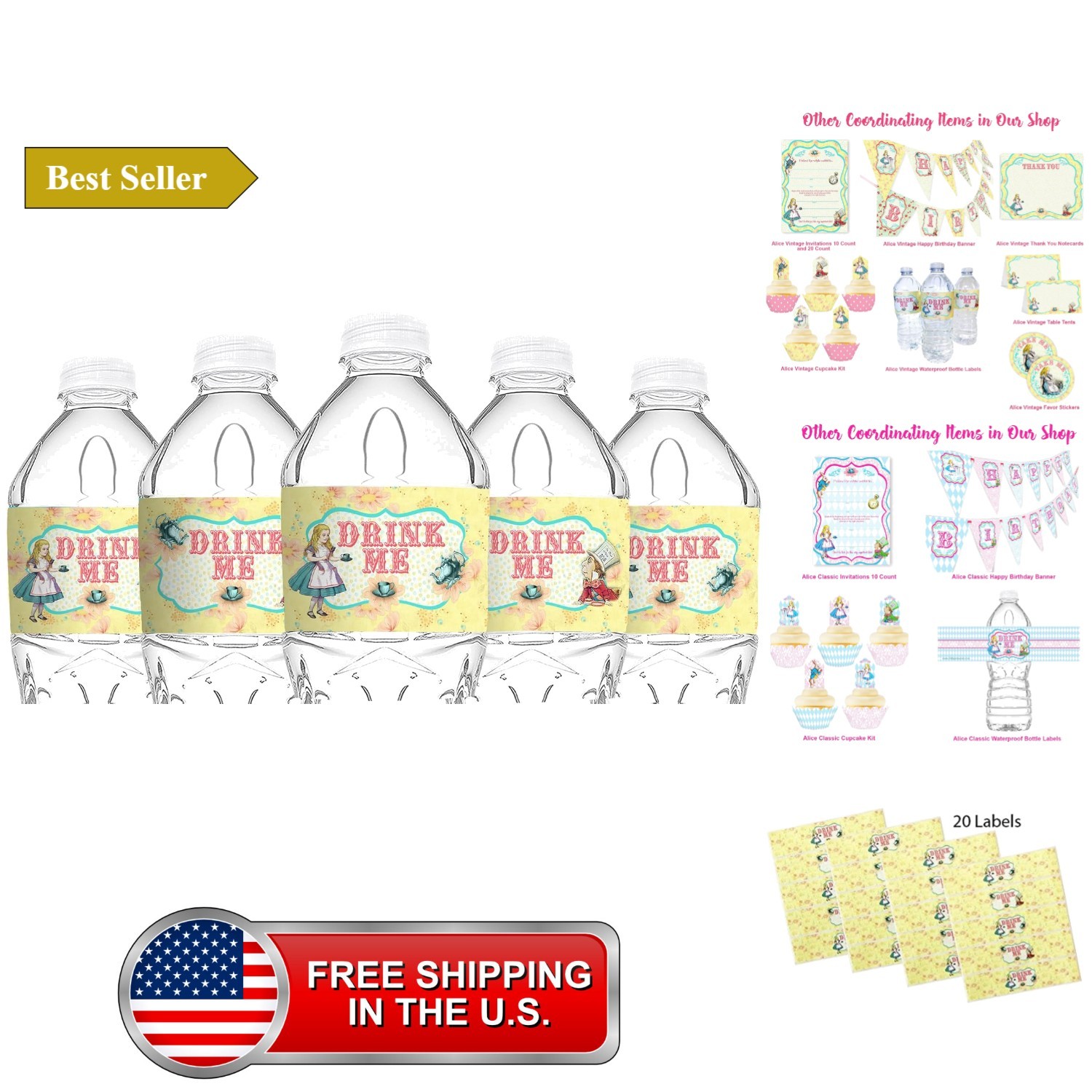 Alice in Wonderland Bottle Wraps - 20 Alice Water Bottle Labels - Made in the