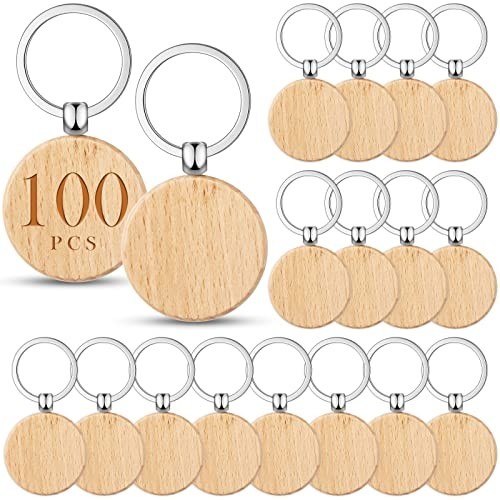 100 Pcs Round Wooden Keychain Blanks for Laser Engraving DIY Tags