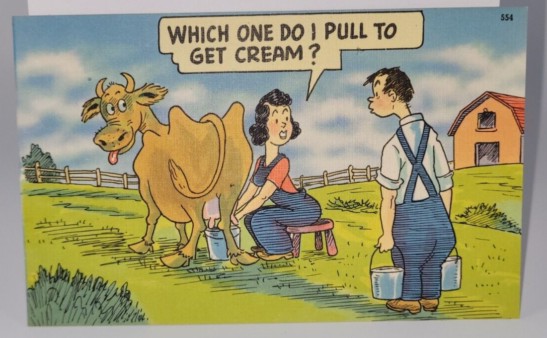 Vintage Linen Postcard 1940s Novelty WHICH ONE DO I PULL TO GET CREAM? Unused