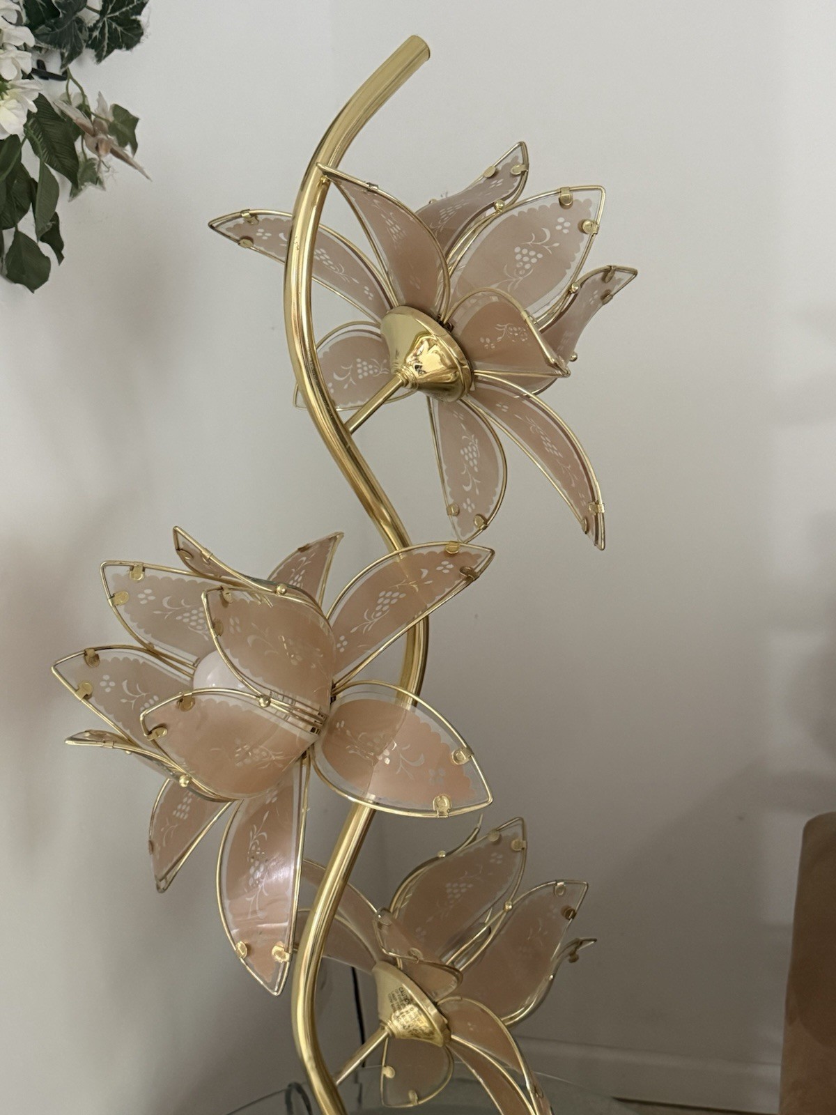 Vintage Style Lotus Flower Table Lamp Pink Glass Gold MCM 38”