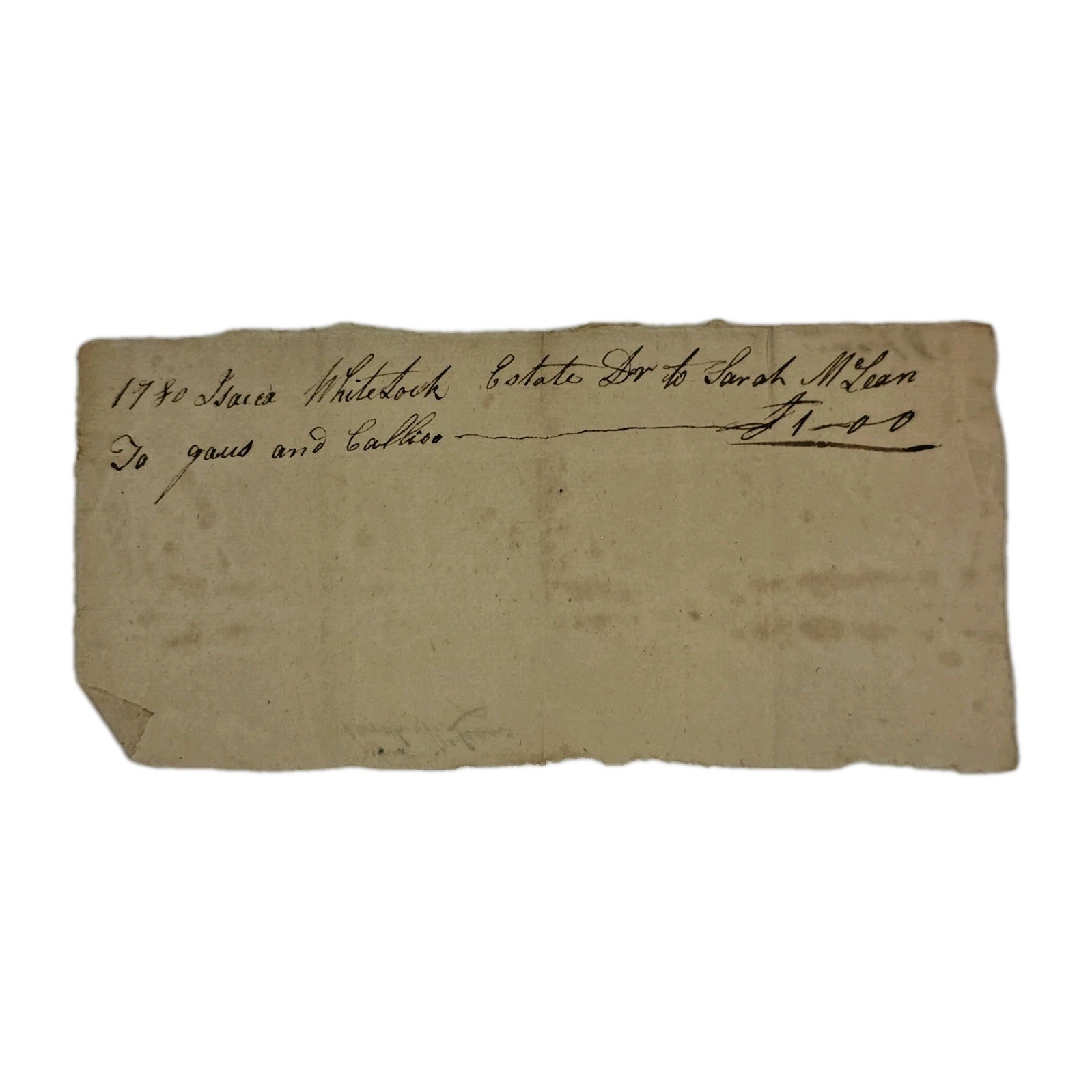1780 Isaac Whitelock Estate Receipt to Sarah MLean. Rev War York Lancaster PA