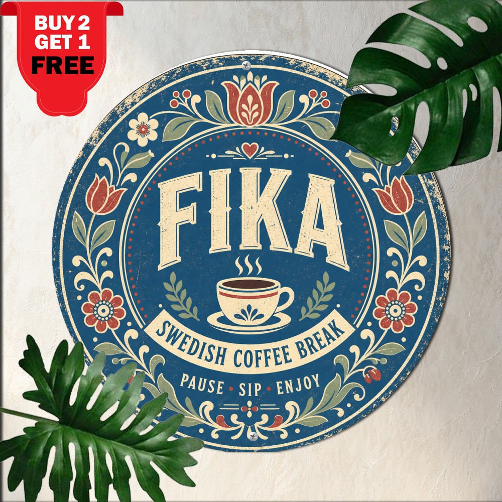 Swedish Fika Coffee Culture Round Metal Sign Nordic Cafe Kitchen Tin Plaque