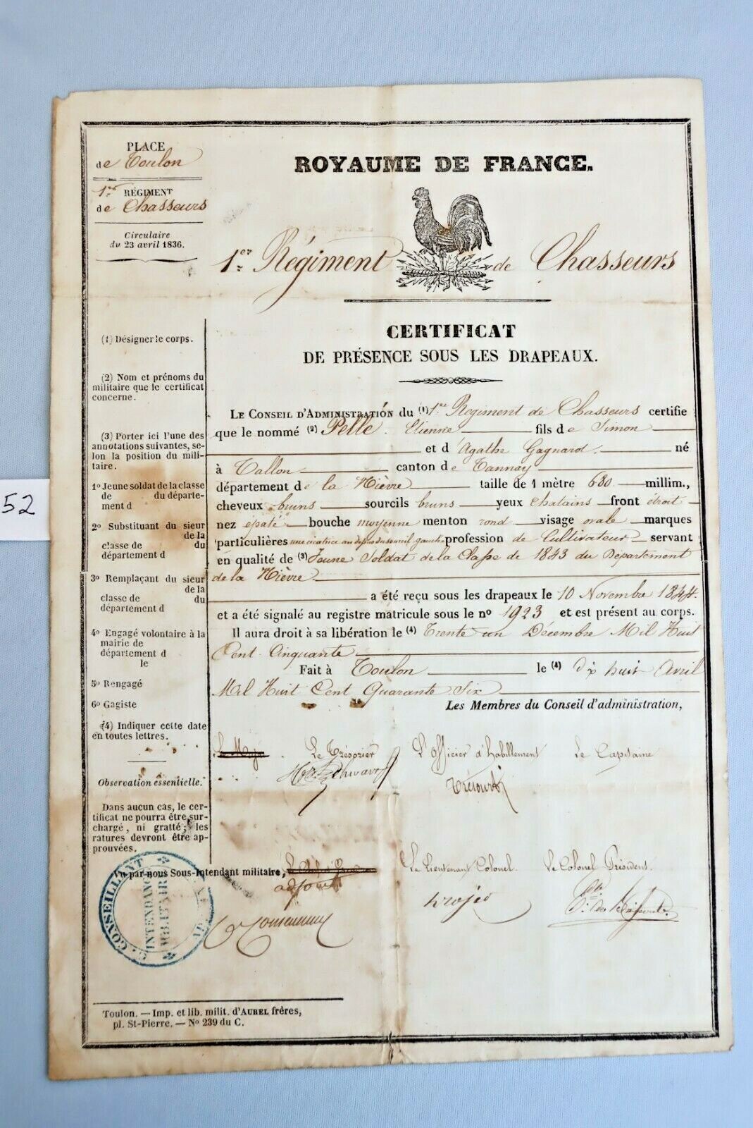 1844 Certificate Document France Chasseurs King Louis Philipp 1848 Revolution