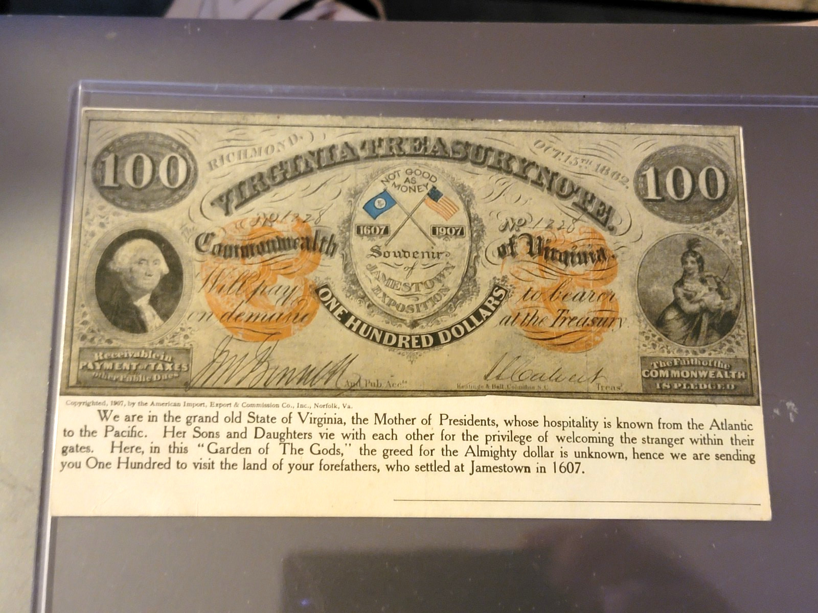 Jamestown Exposition Facsimile $100 Virginia Treasury Note Large Postcard  1907