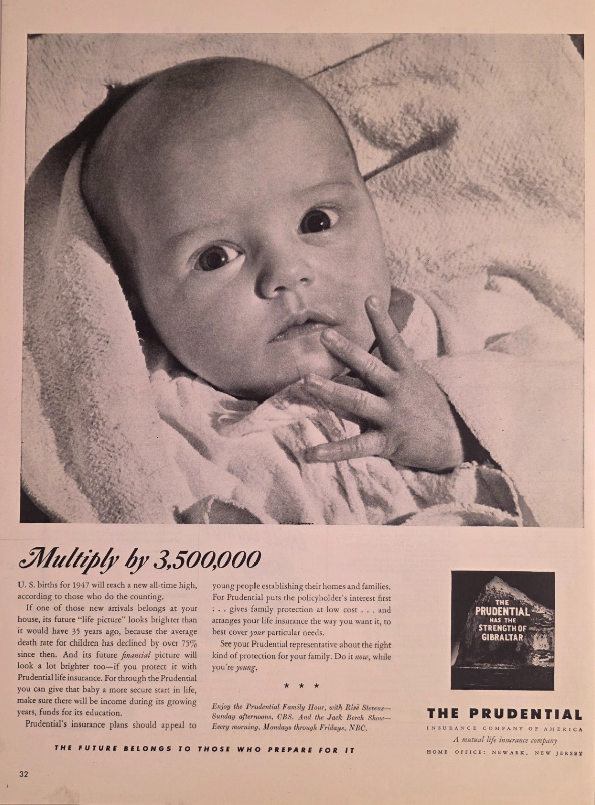 1947 Print Ad The Prudential Insurance Company Cute Baby in Blanket Newark,NJ